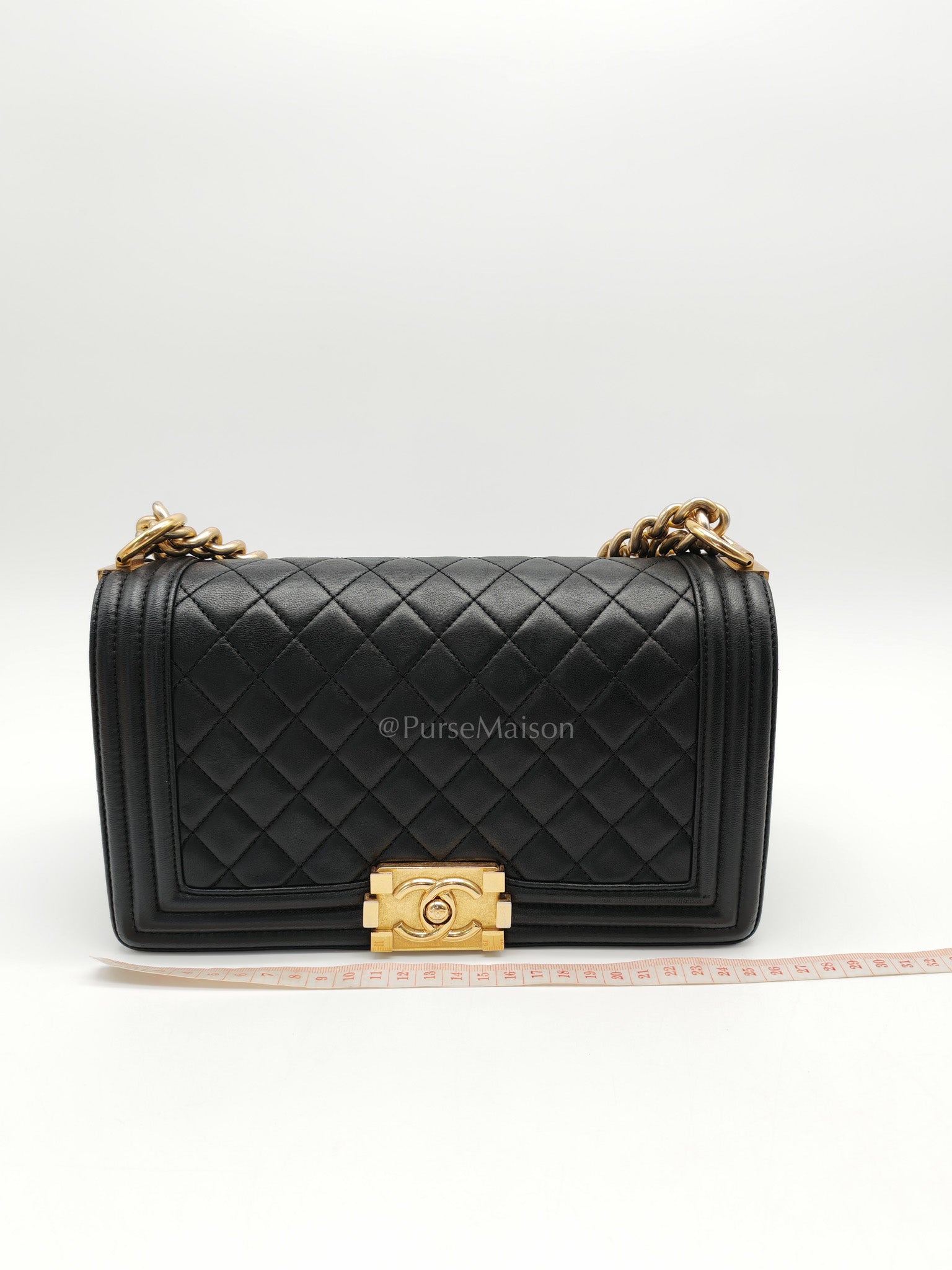 Chanel Boy Medium in Black Quilted Lambskin Leather and Aged Gold Hardware Series 23 | Purse Maison Luxury Bags Shop