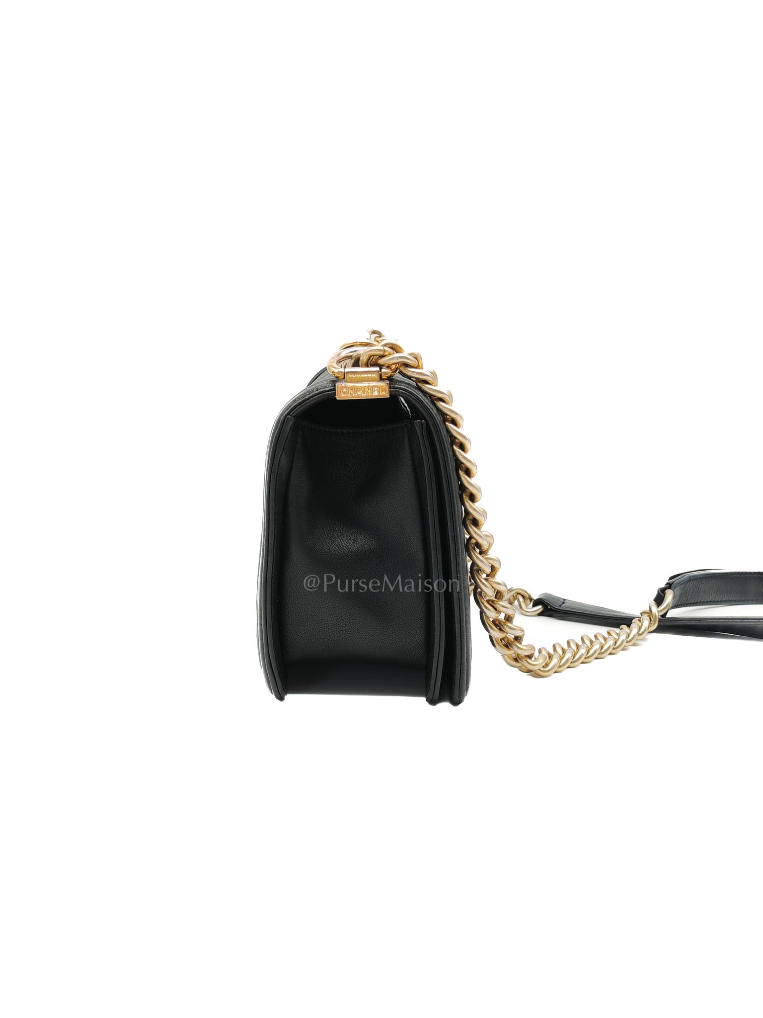 Chanel Boy Medium in Black Quilted Lambskin Leather and Aged Gold Hardware Series 23 | Purse Maison Luxury Bags Shop