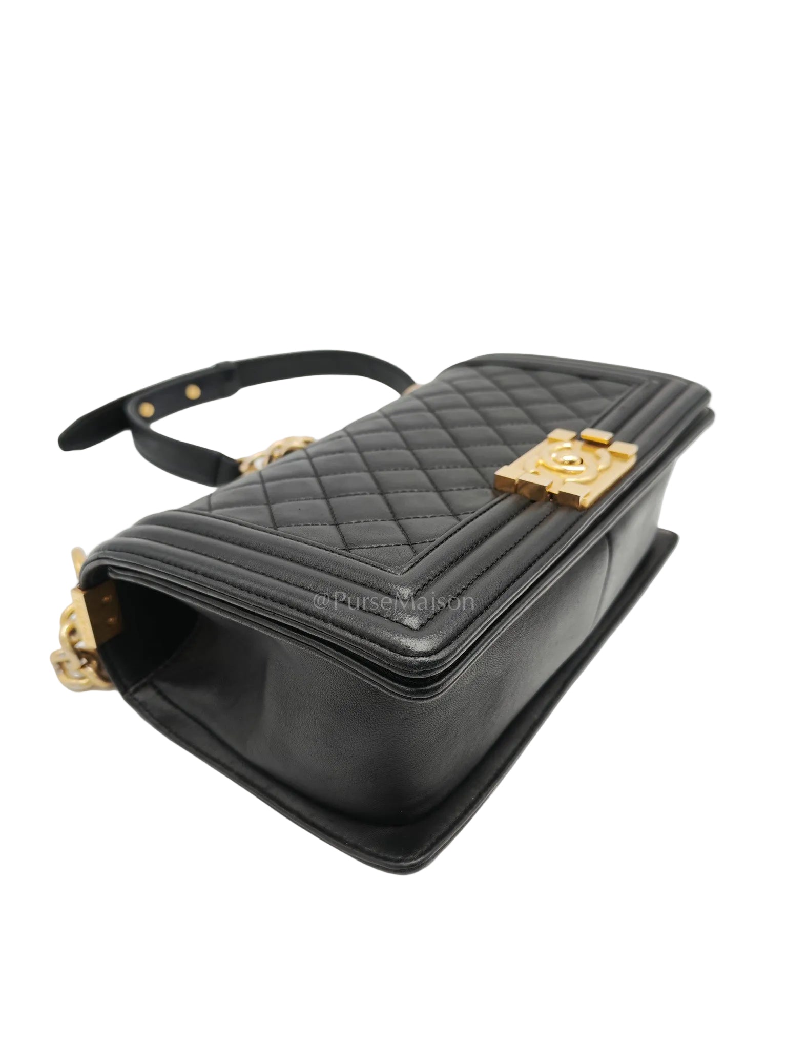 Chanel Boy Medium in Black Quilted Lambskin Leather and Aged Gold Hardware Series 23 | Purse Maison Luxury Bags Shop