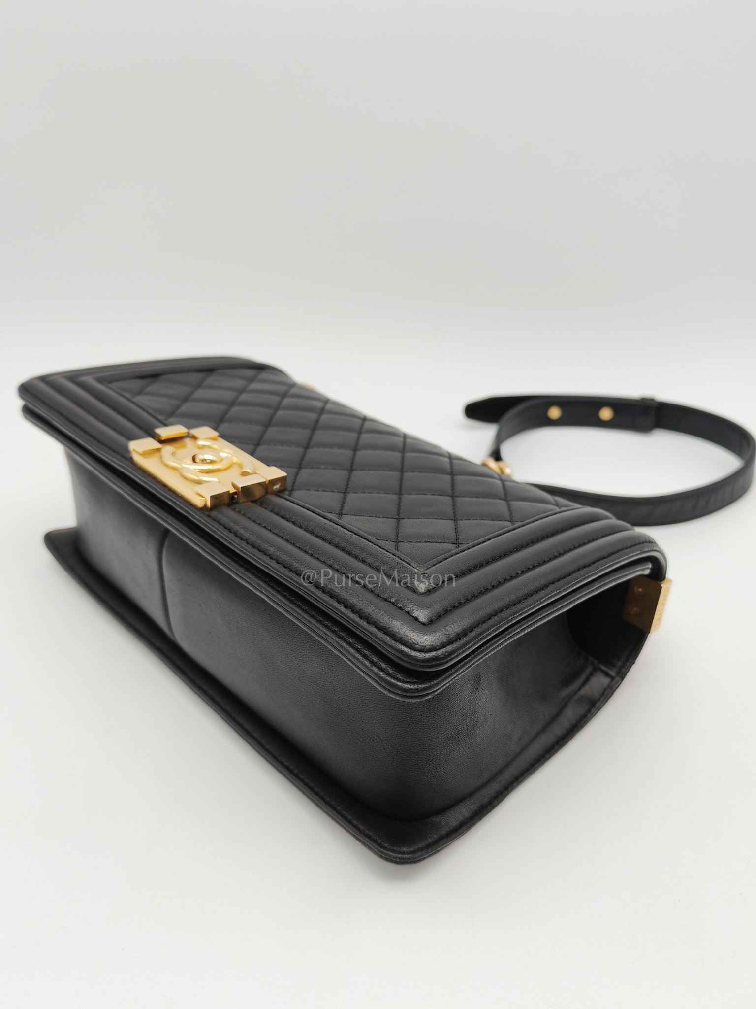 Chanel Boy Medium in Black Quilted Lambskin Leather and Aged Gold Hardware Series 23 | Purse Maison Luxury Bags Shop