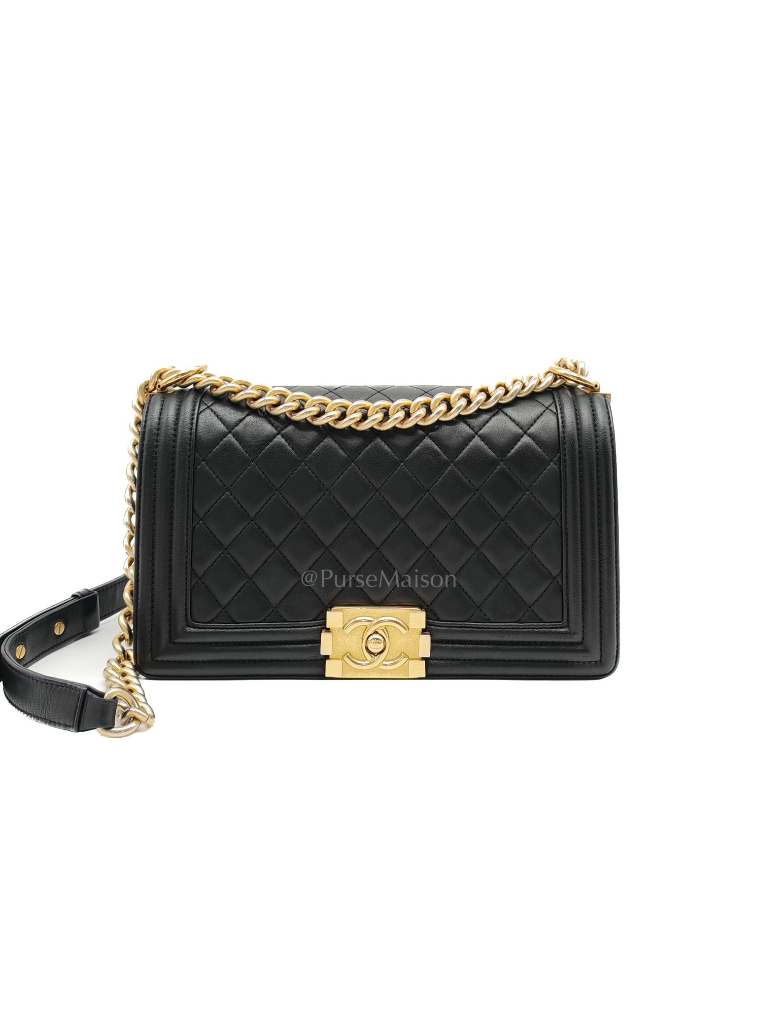 Chanel Boy Medium in Black Quilted Lambskin Leather and Aged Gold Hardware Series 23 | Purse Maison Luxury Bags Shop