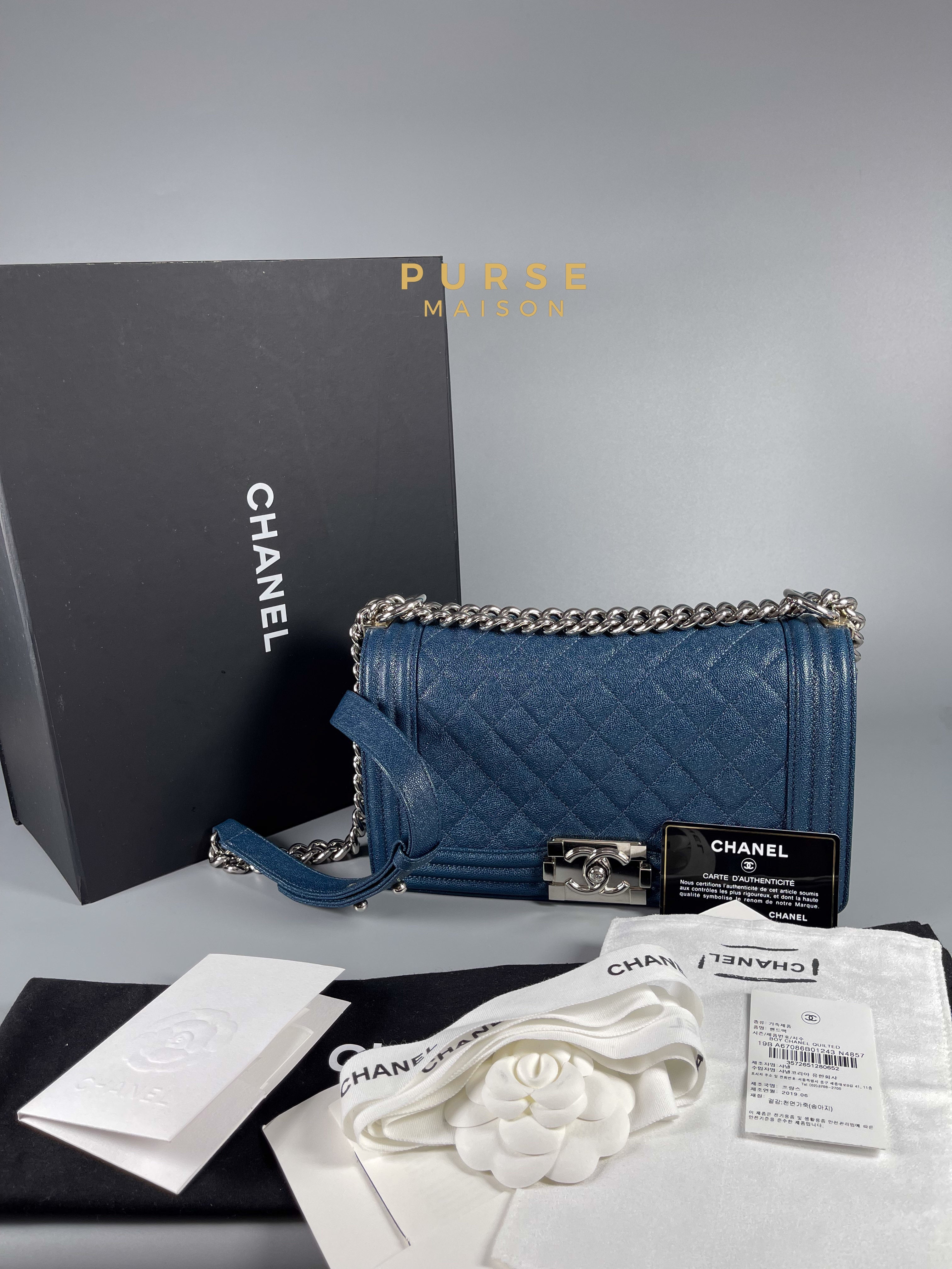 Chanel Boy Medium in Navy Blue Caviar Leather and Silver Hardware (Series 28) | Purse Maison Luxury Bags Shop