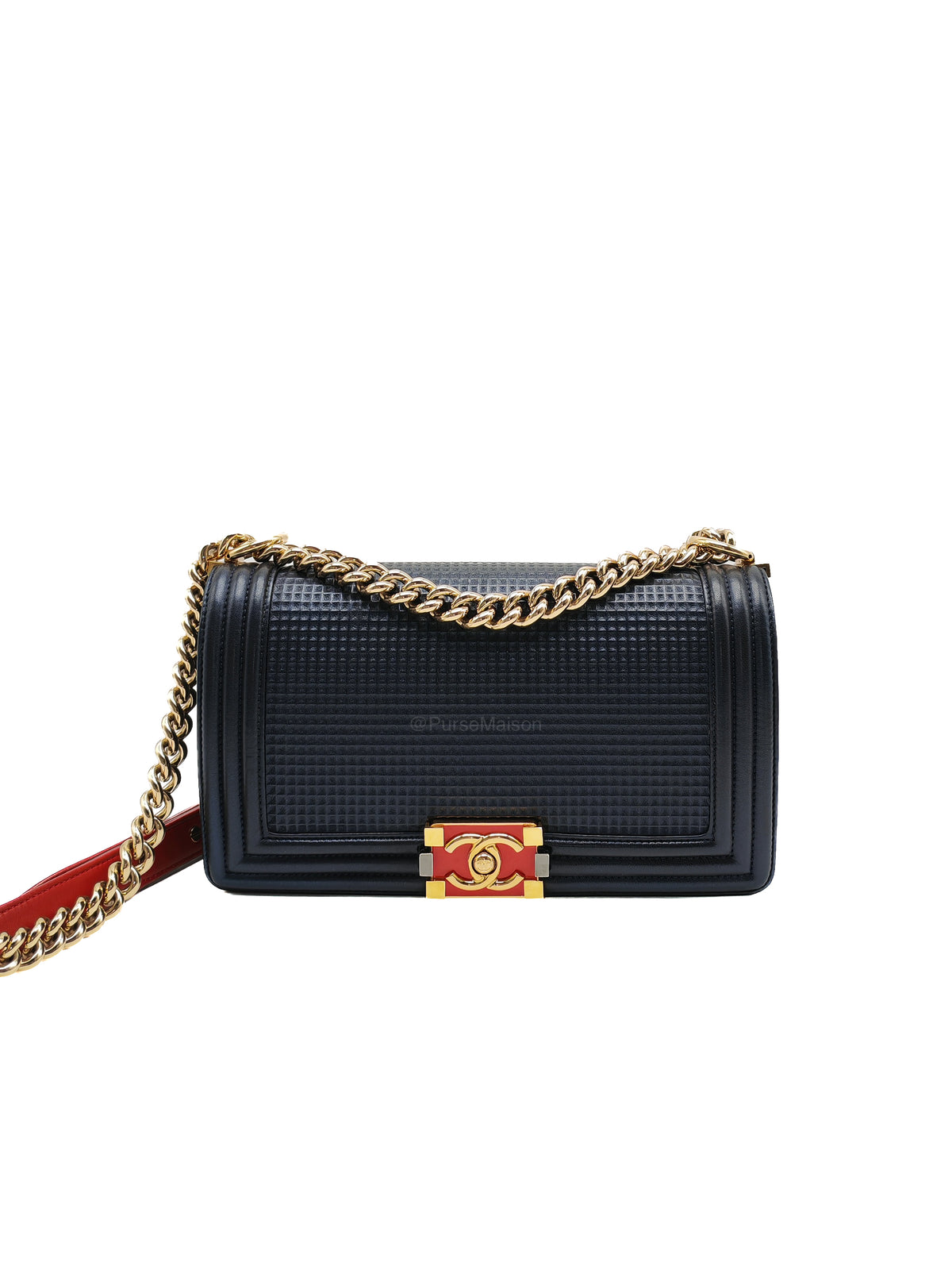 Chanel Boy Medium Limited Edition in Navy Blue Cube Embossed Lambskin Leather and Gold Hardware Series 18 | Purse Maison Luxury Bags Shop