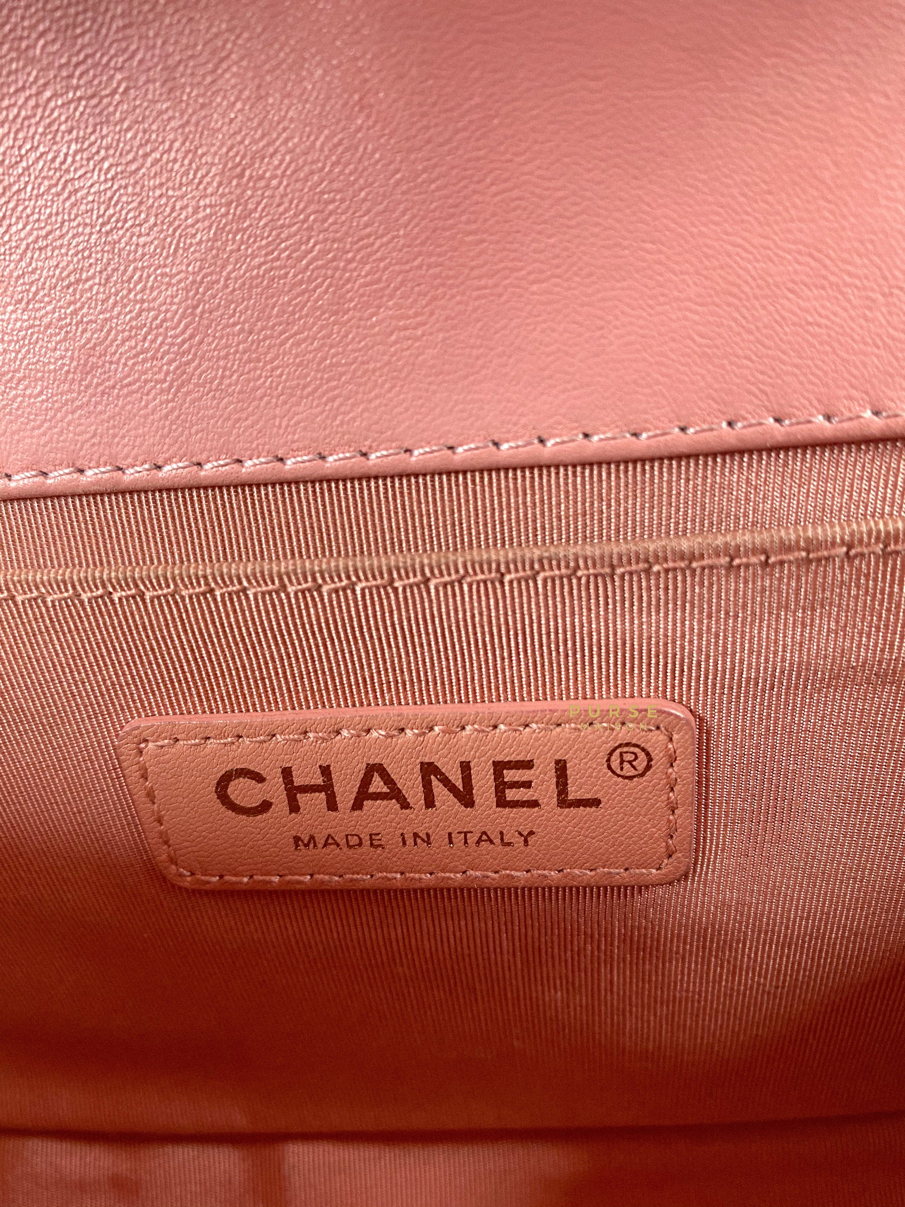 Chanel Boy Medium Pink Braided Chevron in Aged Gold Hardware Series 23