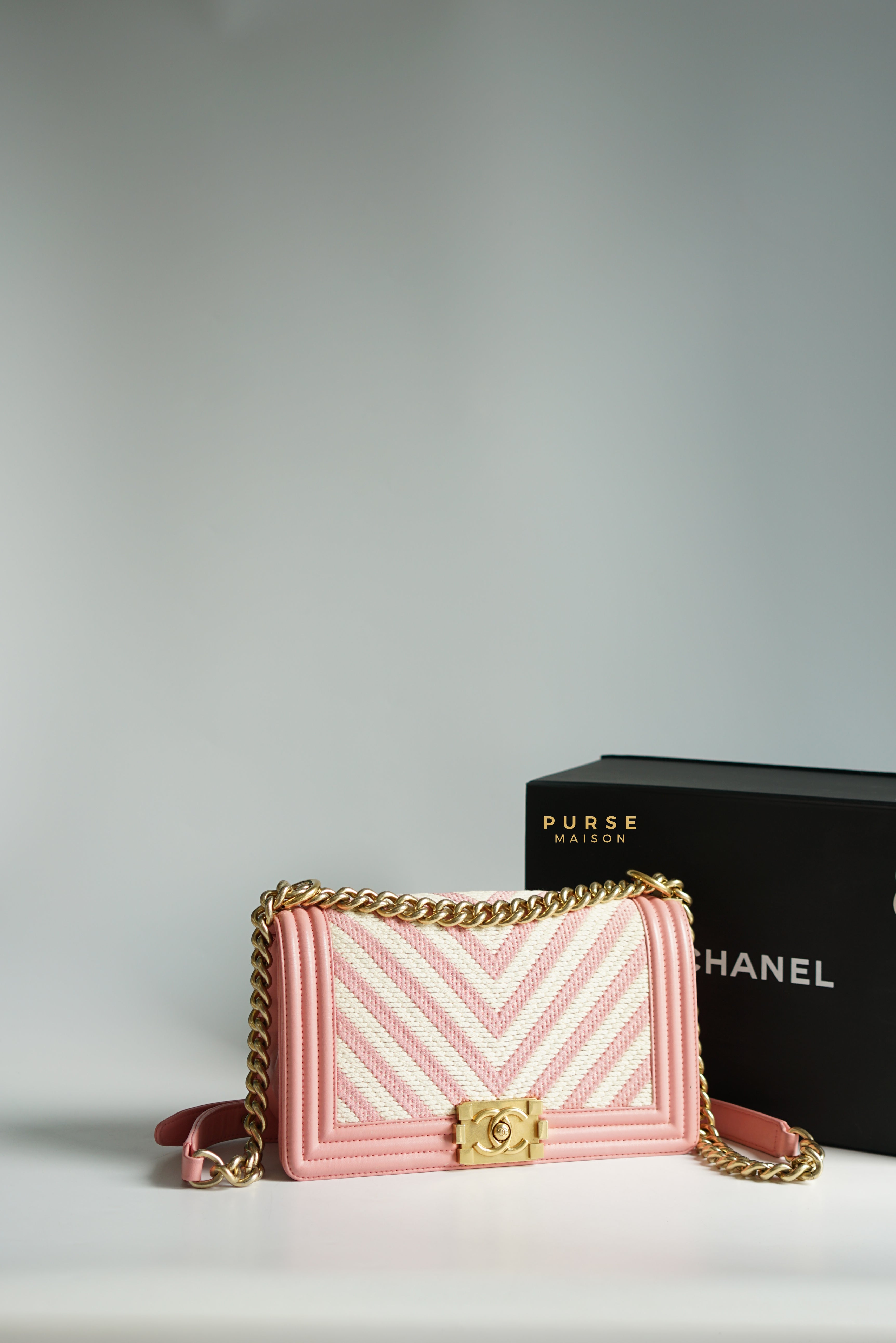 Chanel Boy Medium Pink Braided Chevron in Aged Gold Hardware Series 23