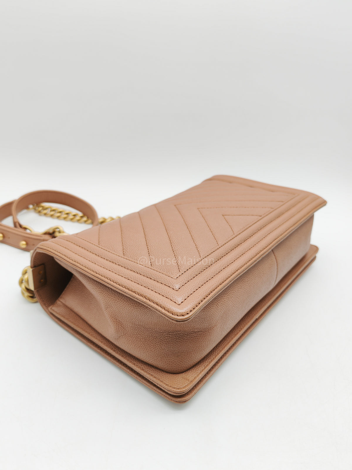 Chanel Boy New Medium in Brown Caramel Chevron Quilted Caviar Leather and Aged Brushed Gold Hardware Series 25 | Purse Maison Luxury Bags Shop