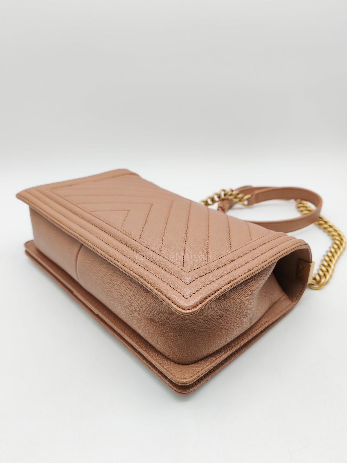 Chanel Boy New Medium in Brown Caramel Chevron Quilted Caviar Leather and Aged Brushed Gold Hardware Series 25 | Purse Maison Luxury Bags Shop