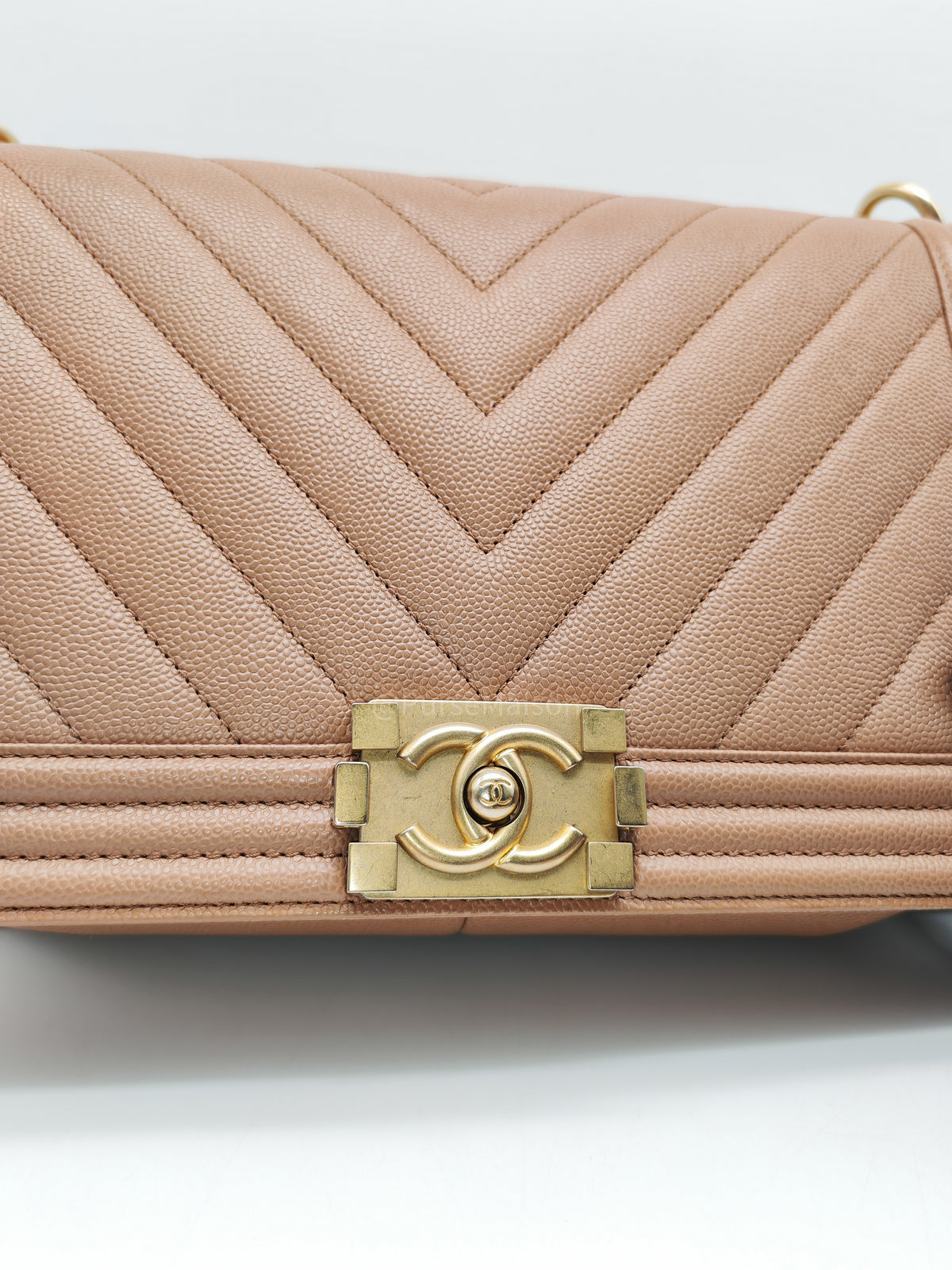 Chanel Boy New Medium in Brown Caramel Chevron Quilted Caviar Leather and Aged Brushed Gold Hardware Series 25 | Purse Maison Luxury Bags Shop