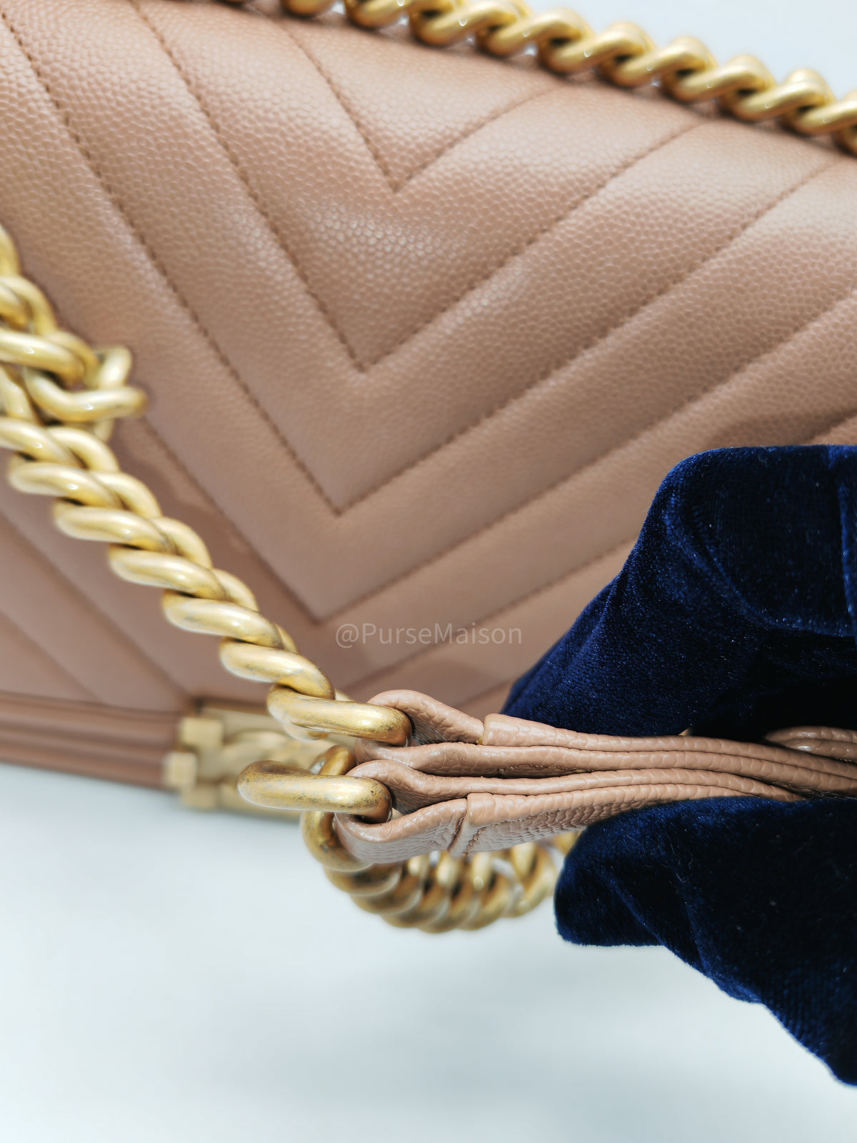 Chanel Boy New Medium in Brown Caramel Chevron Quilted Caviar Leather and Aged Brushed Gold Hardware Series 25 | Purse Maison Luxury Bags Shop