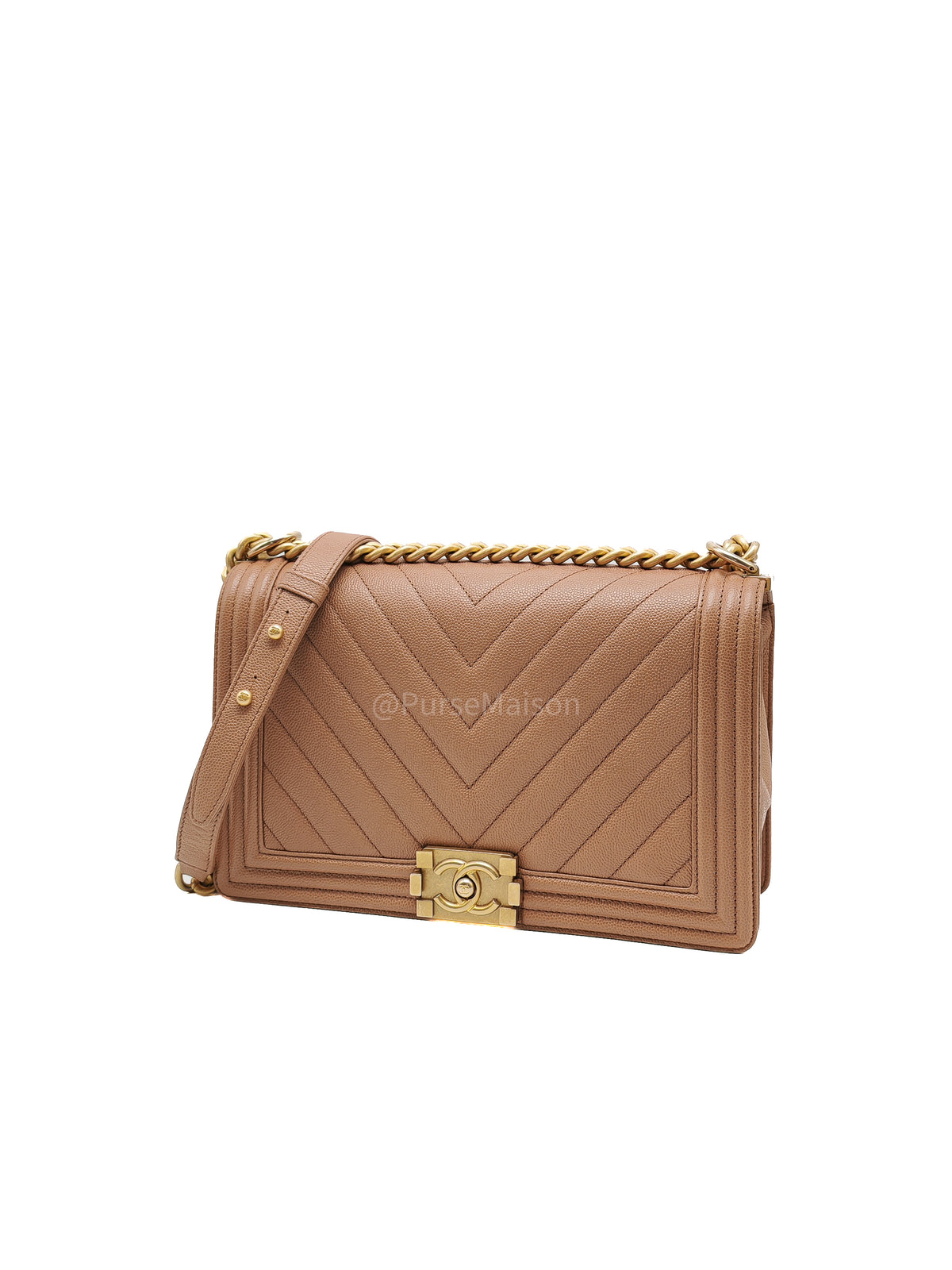 Chanel Boy New Medium in Brown Caramel Chevron Quilted Caviar Leather and Aged Brushed Gold Hardware Series 25 | Purse Maison Luxury Bags Shop
