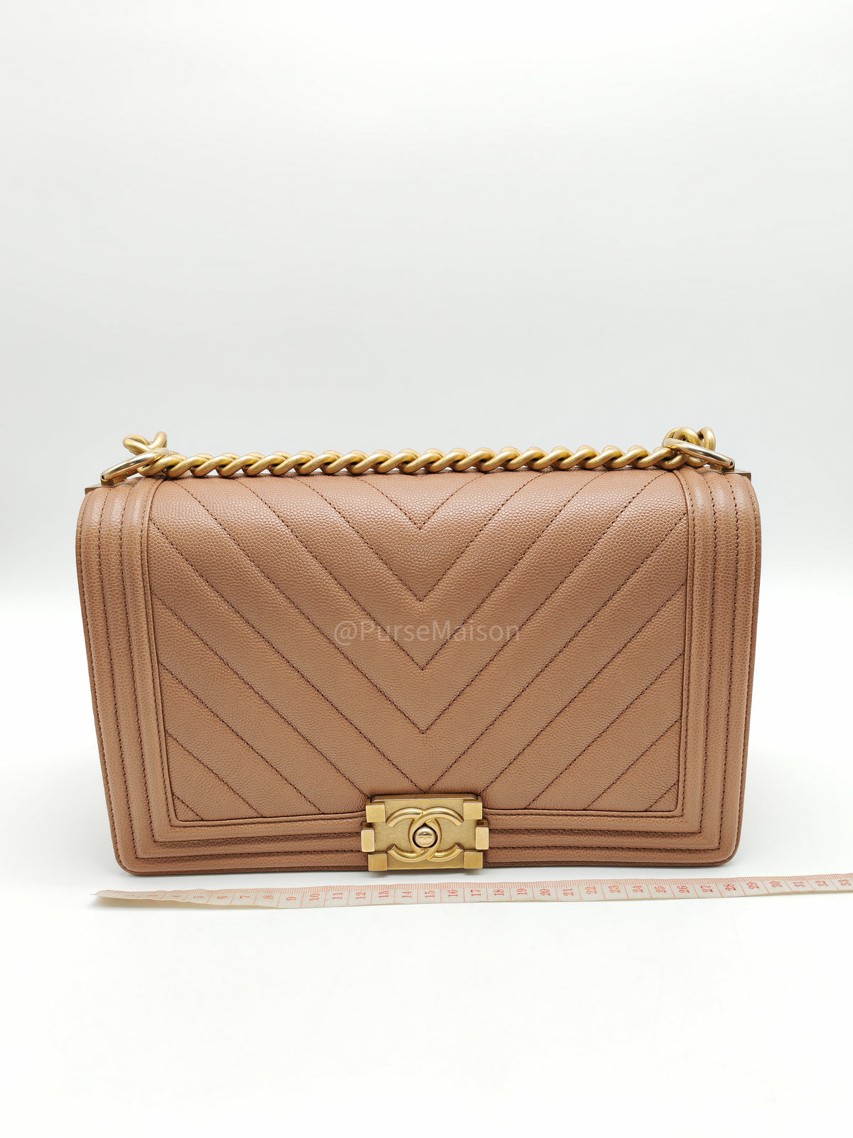 Chanel Boy New Medium in Brown Caramel Chevron Quilted Caviar Leather and Aged Brushed Gold Hardware Series 25 | Purse Maison Luxury Bags Shop
