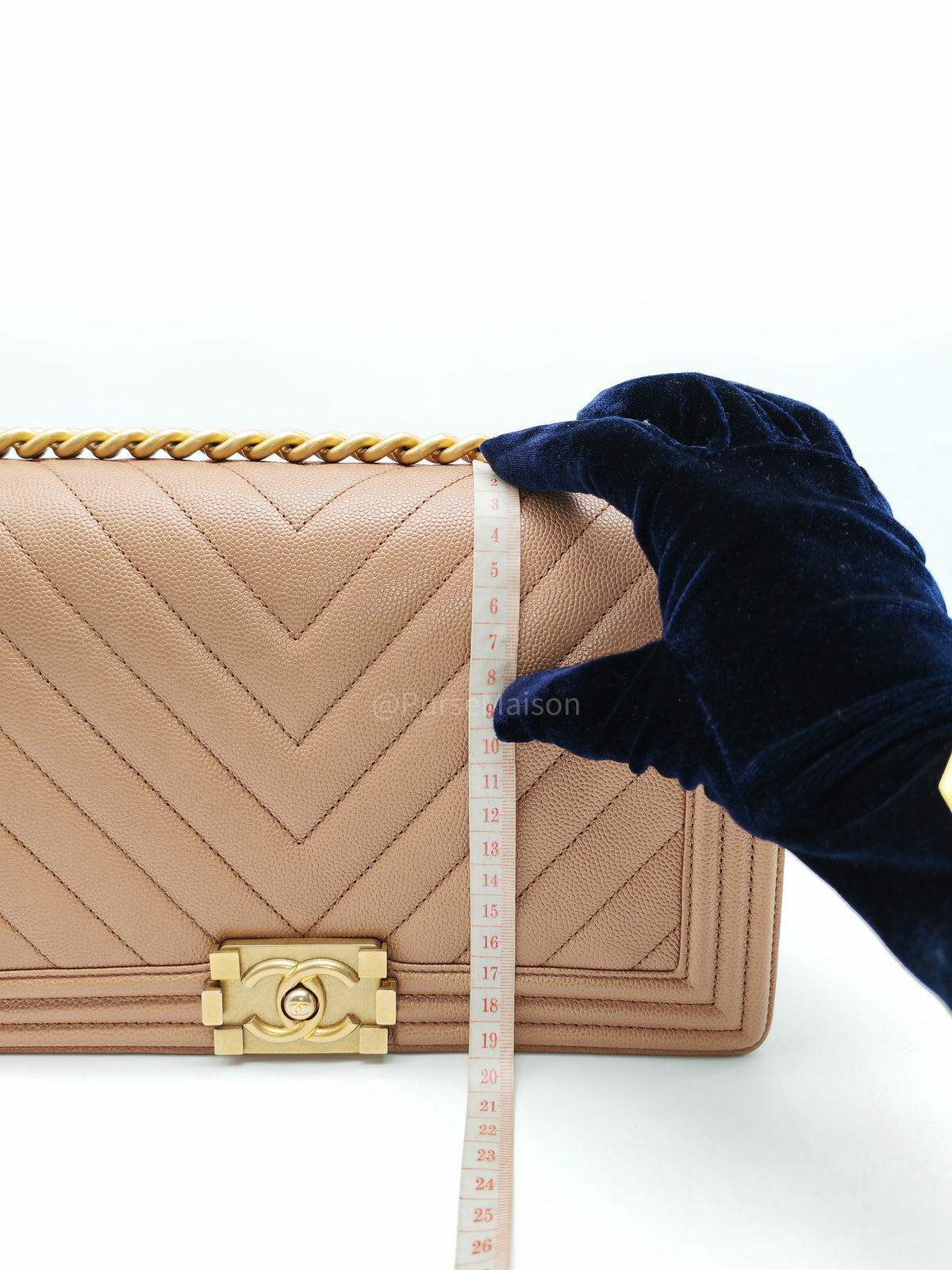 Chanel Boy New Medium in Brown Caramel Chevron Quilted Caviar Leather and Aged Brushed Gold Hardware Series 25 | Purse Maison Luxury Bags Shop