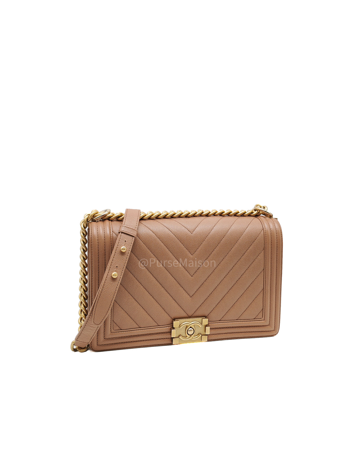 Chanel Boy New Medium in Brown Caramel Chevron Quilted Caviar Leather and Aged Brushed Gold Hardware Series 25 | Purse Maison Luxury Bags Shop