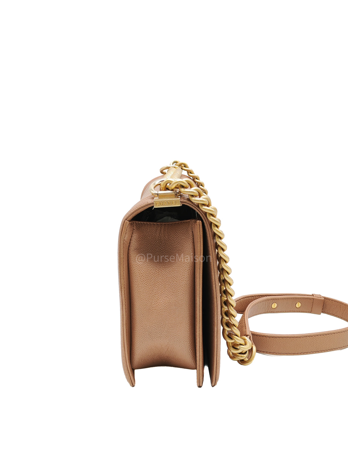 Chanel Boy New Medium in Brown Caramel Chevron Quilted Caviar Leather and Aged Brushed Gold Hardware Series 25 | Purse Maison Luxury Bags Shop