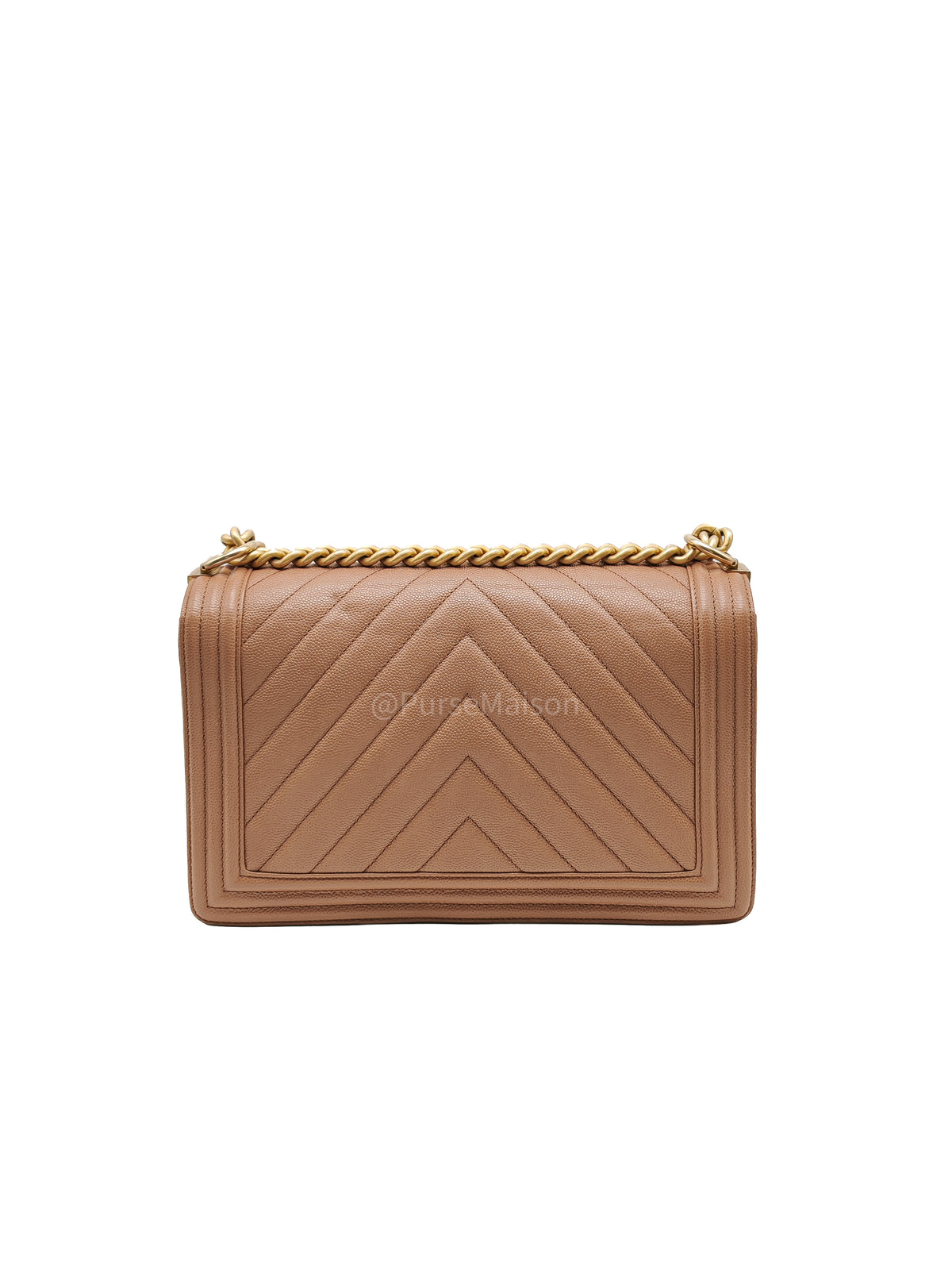 Chanel Boy New Medium in Brown Caramel Chevron Quilted Caviar Leather and Aged Brushed Gold Hardware Series 25 | Purse Maison Luxury Bags Shop