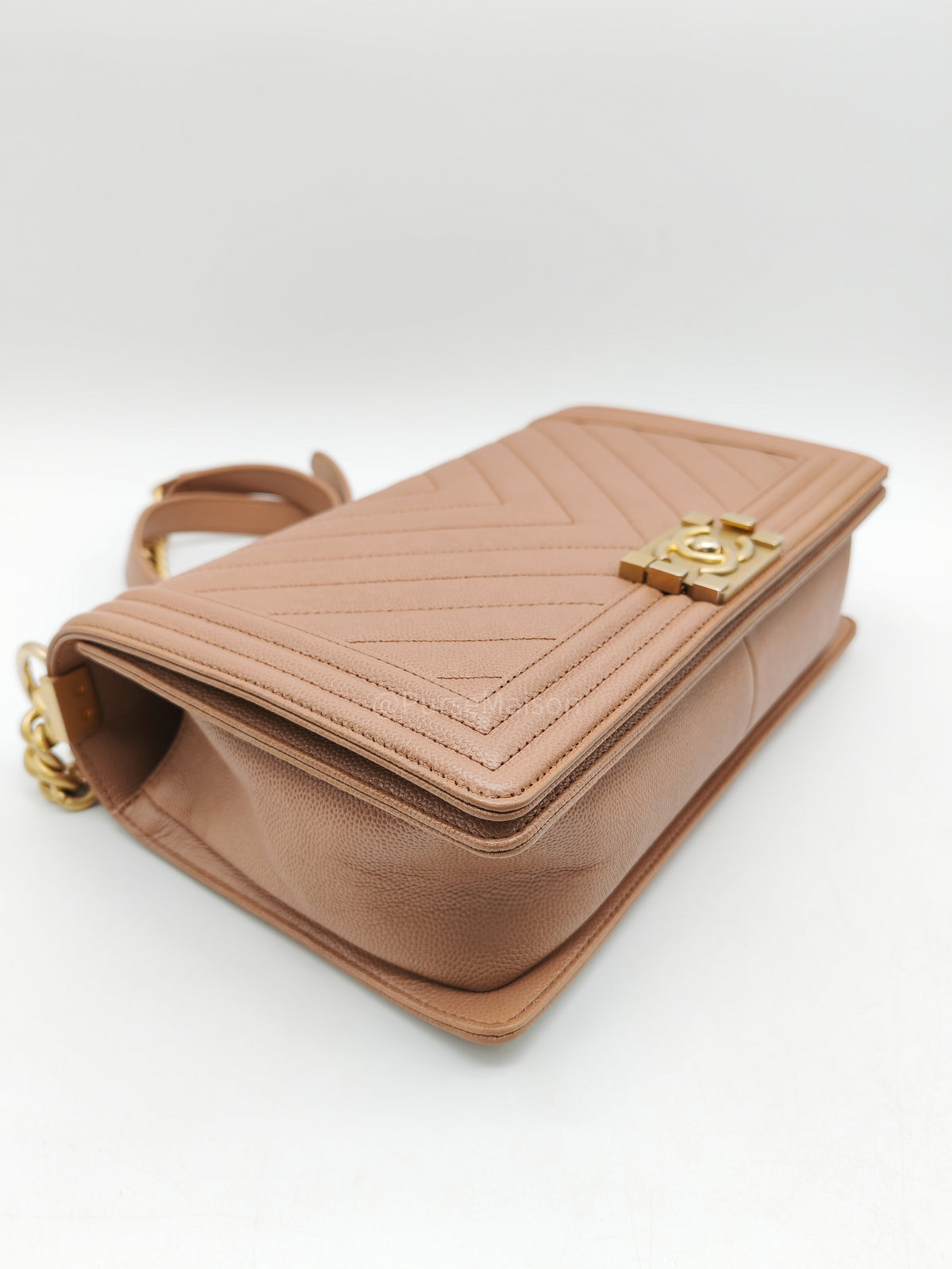 Chanel Boy New Medium in Brown Caramel Chevron Quilted Caviar Leather and Aged Brushed Gold Hardware Series 25 | Purse Maison Luxury Bags Shop