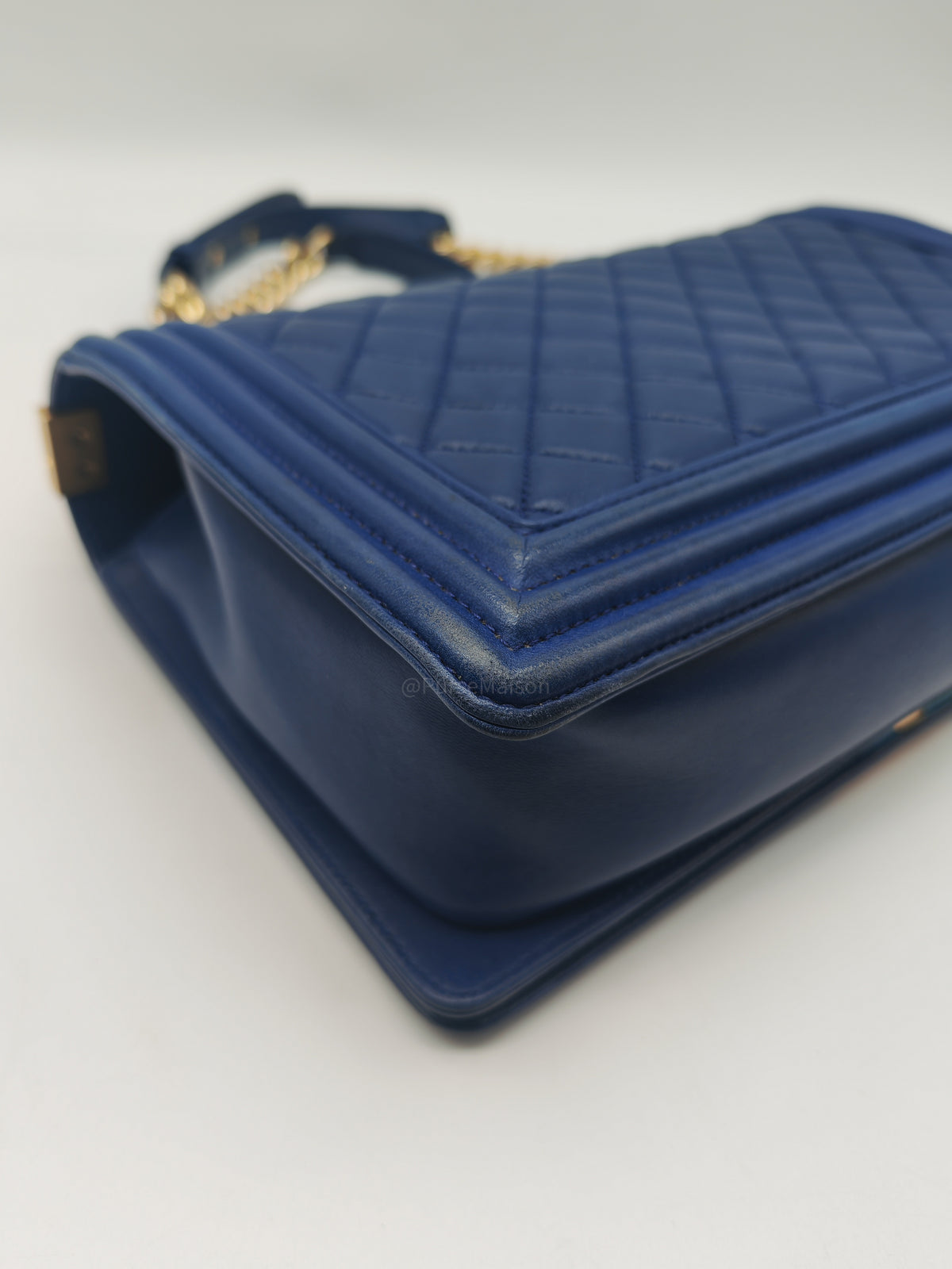 Chanel Boy New Medium in Navy Blue Quilted Lambskin Leather and Gold Hardware Series 23 | Purse Maison Luxury Bags Shop