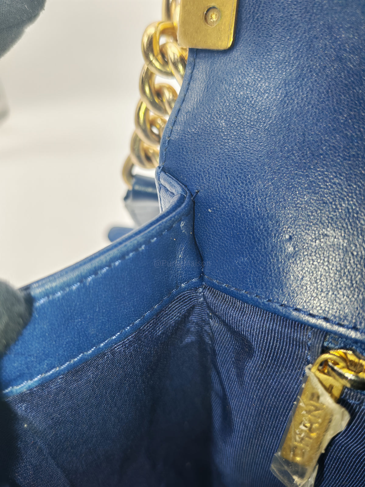 Chanel Boy New Medium in Navy Blue Quilted Lambskin Leather and Gold Hardware Series 23 | Purse Maison Luxury Bags Shop