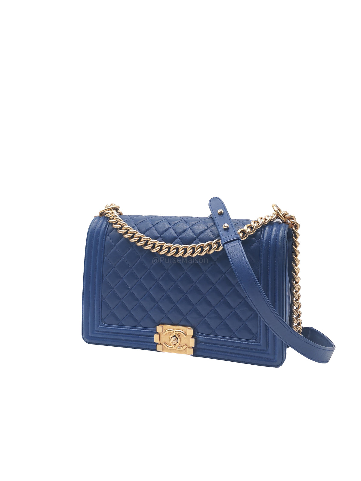 Chanel Boy New Medium in Navy Blue Quilted Lambskin Leather and Gold Hardware Series 23 | Purse Maison Luxury Bags Shop