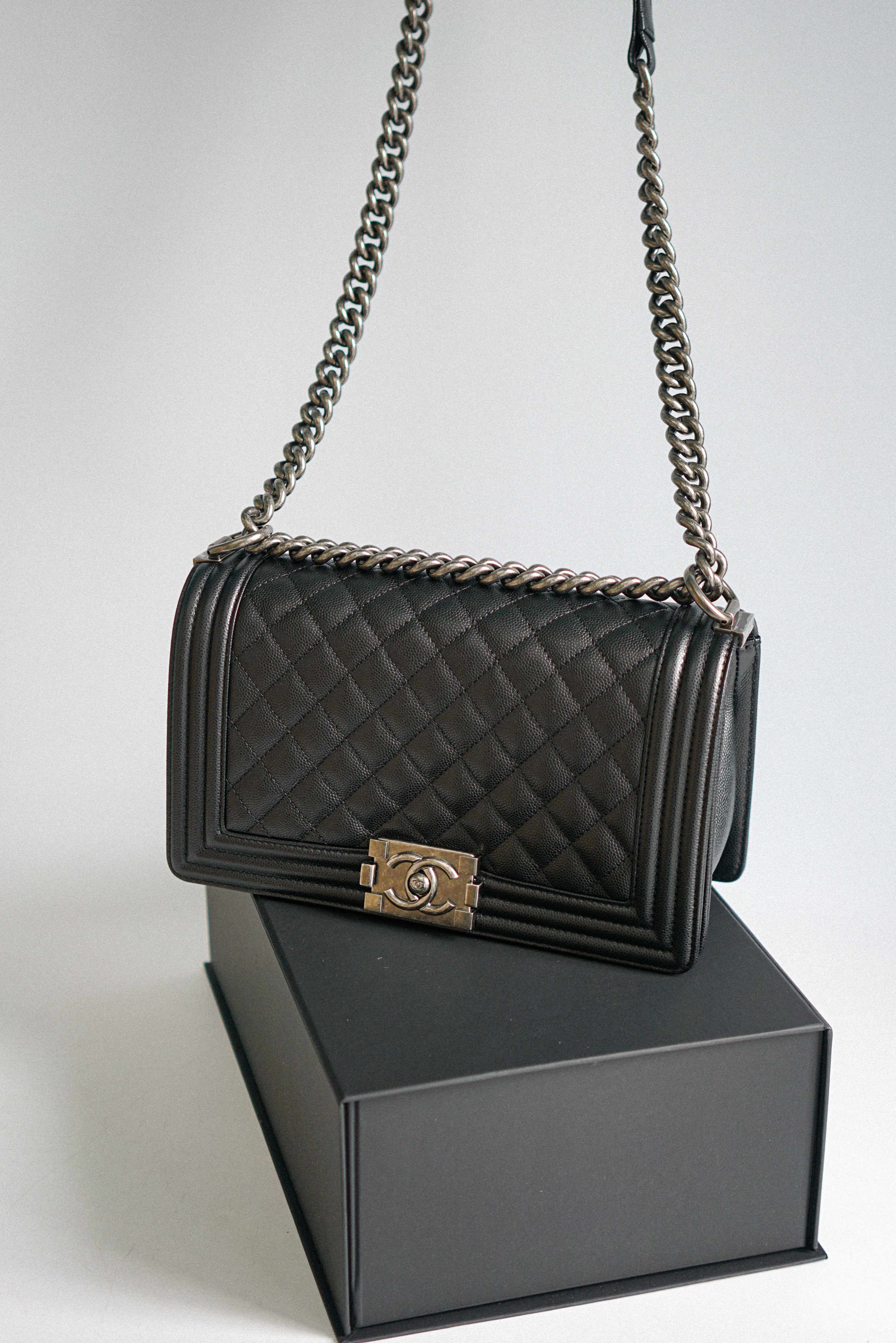 Chanel Boy Old Medium in Black Caviar Leather and Aged Ruthenium Hardware (Microchip)