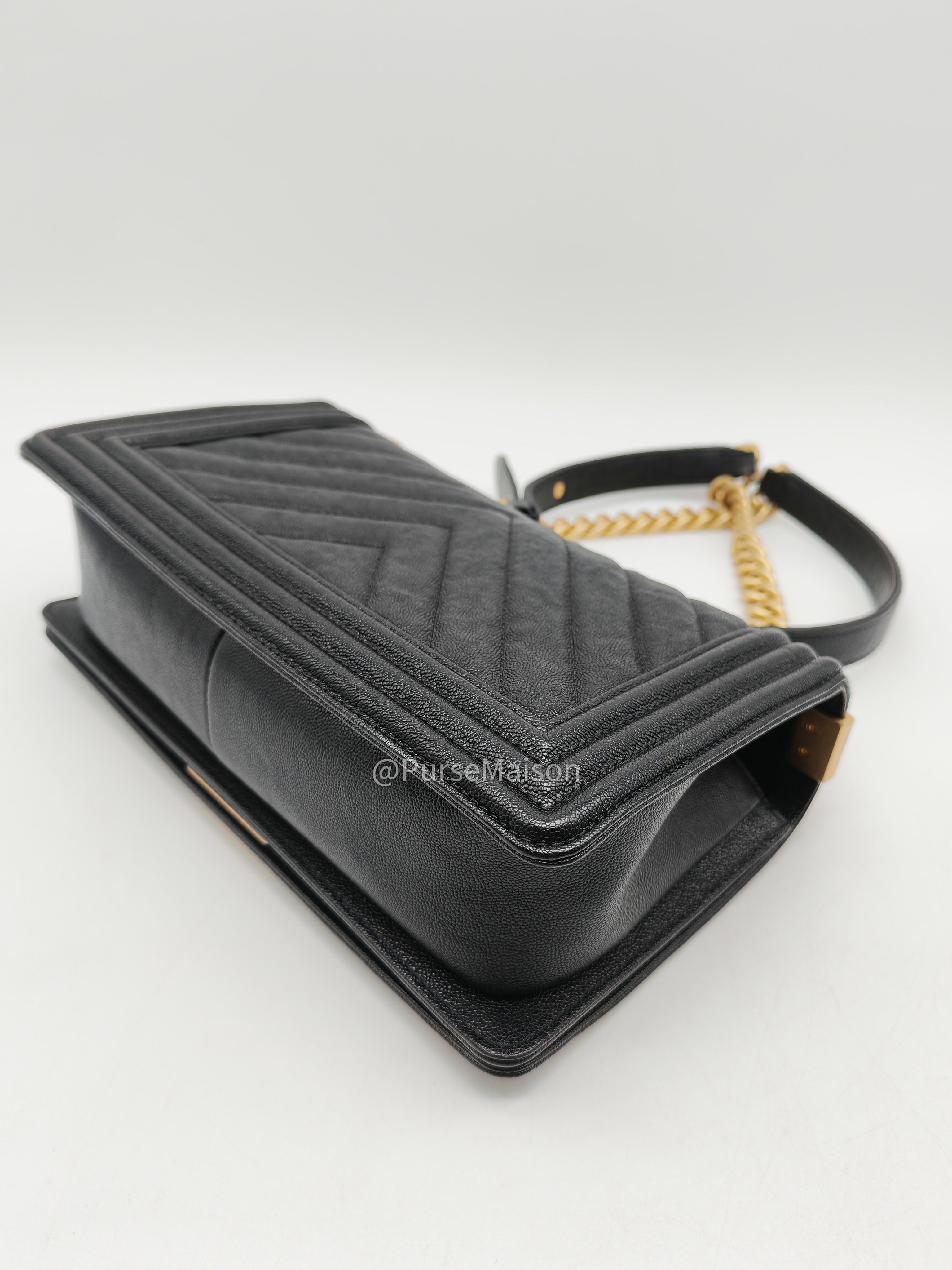 Chanel Boy Old Medium in Black Chevron Calfskin Leather and Aged Gold Hardware Series 26 | Purse Maison Luxury Bags Shop