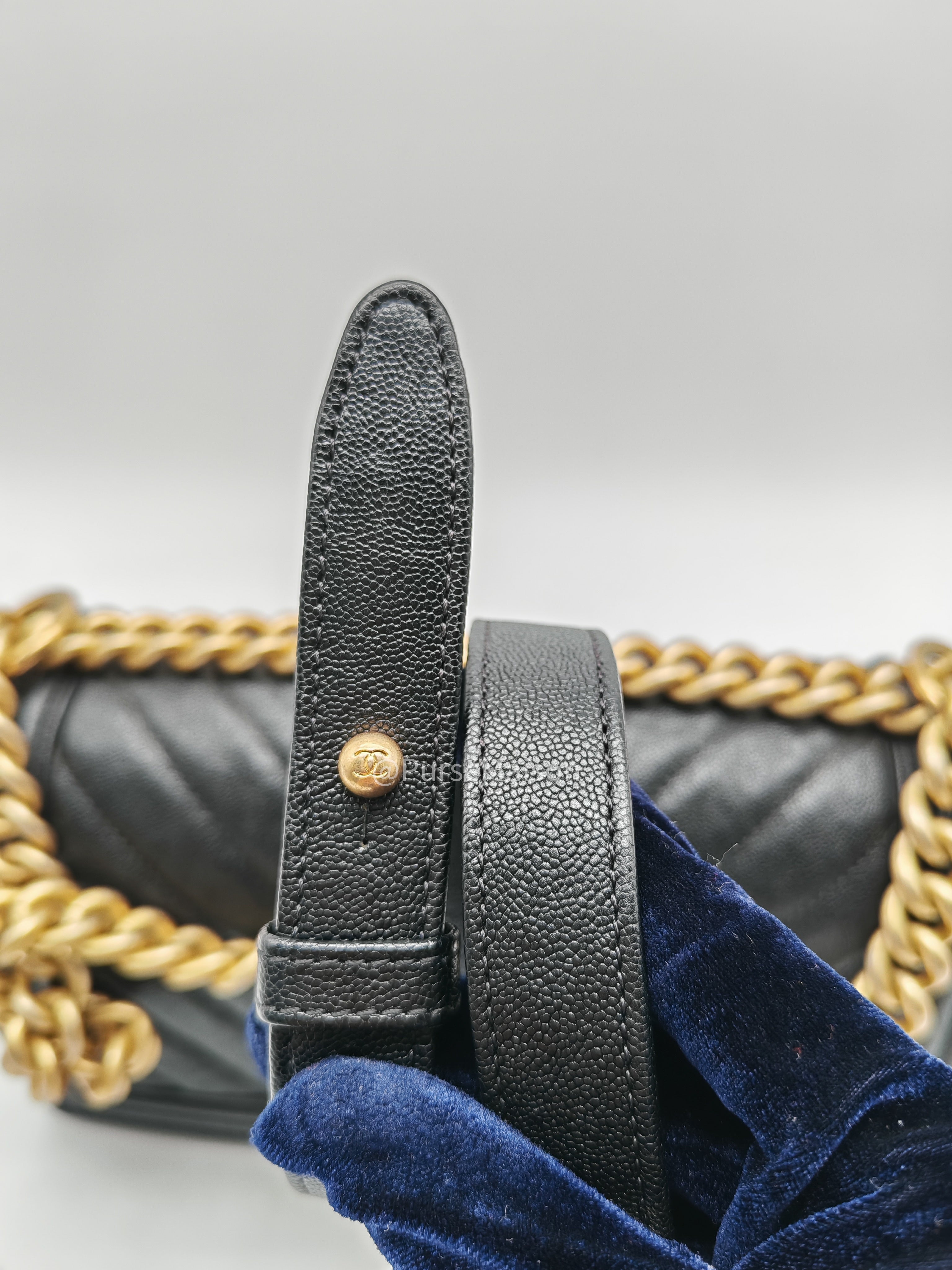 Chanel Boy Old Medium in Black Chevron Calfskin Leather and Aged Gold Hardware Series 26 | Purse Maison Luxury Bags Shop