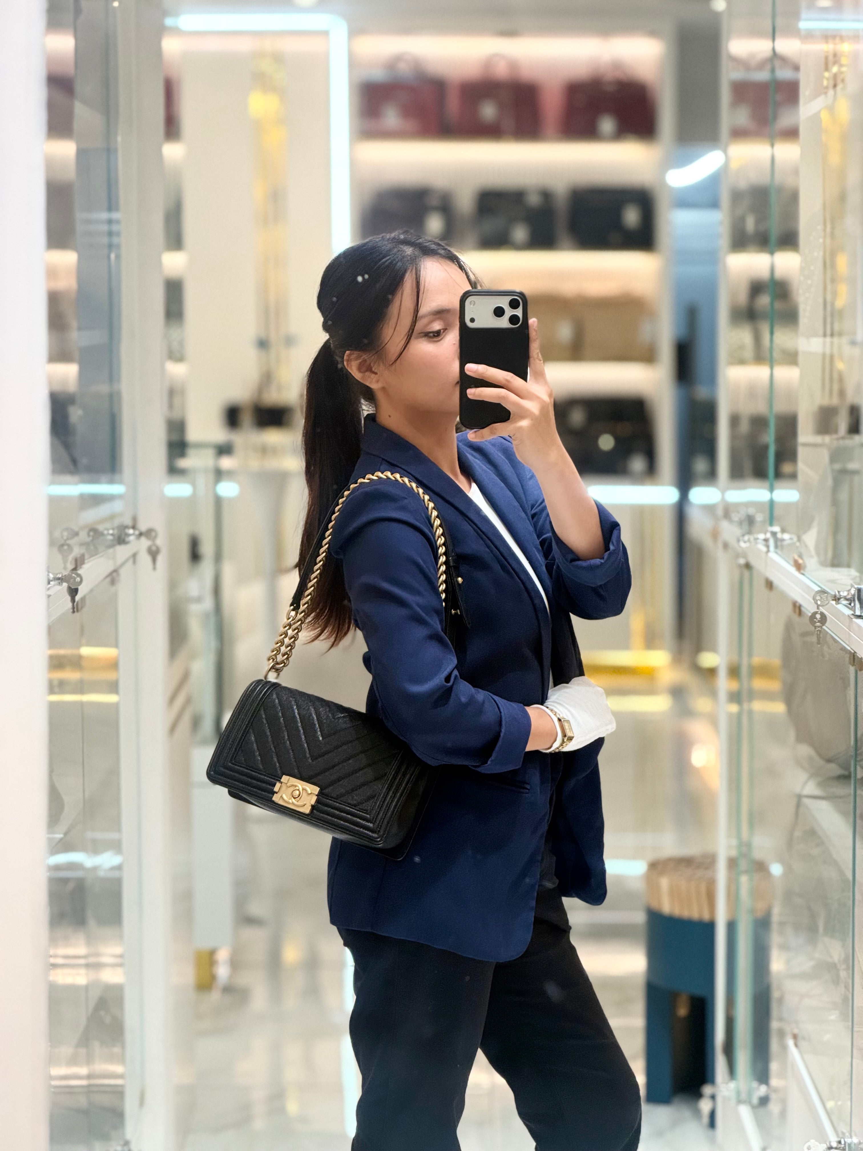 Chanel Boy Old Medium in Black Chevron Calfskin Leather and Aged Gold Hardware Series 26 | Purse Maison Luxury Bags Shop