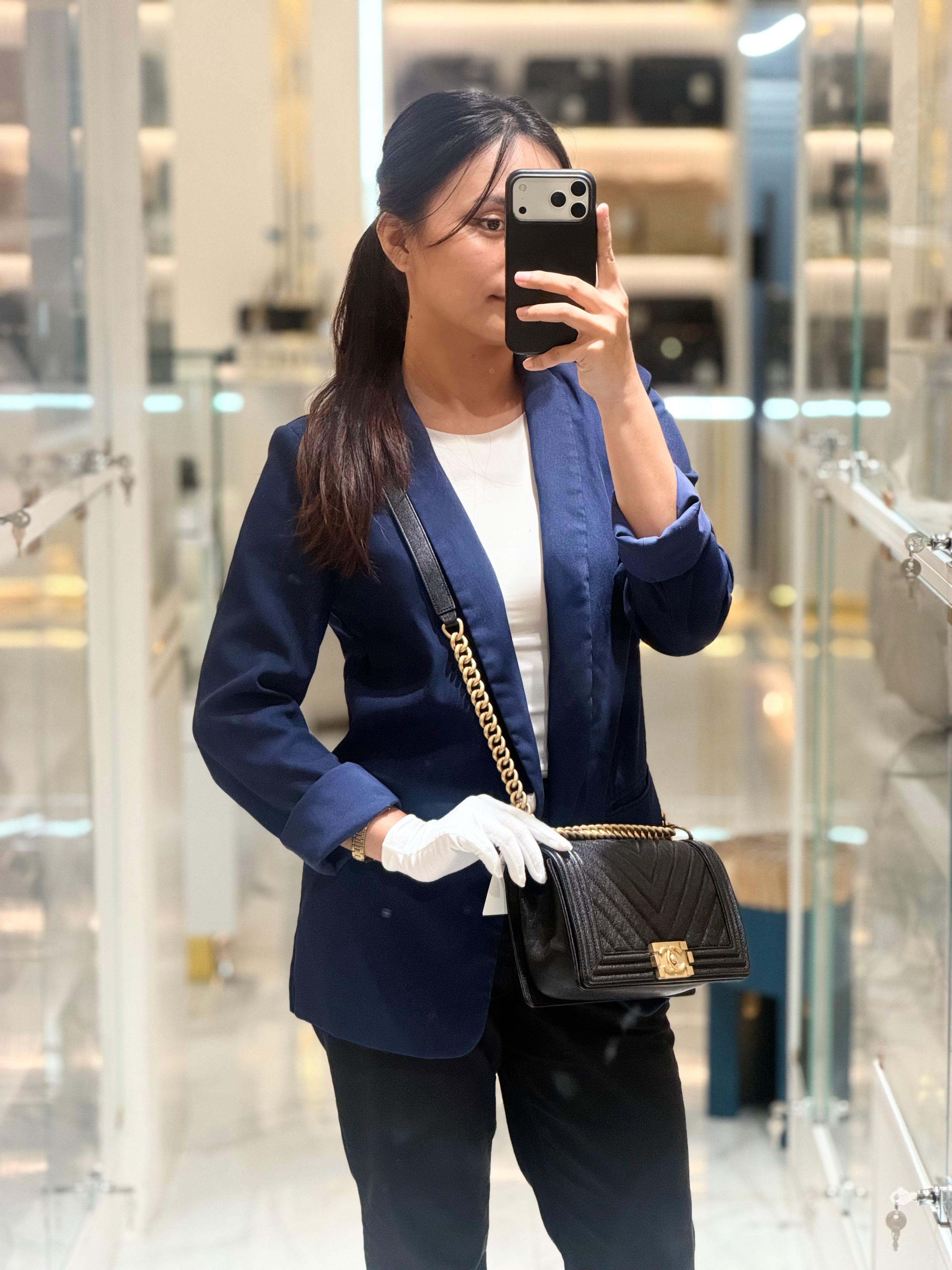 Chanel Boy Old Medium in Black Chevron Calfskin Leather and Aged Gold Hardware Series 26 | Purse Maison Luxury Bags Shop
