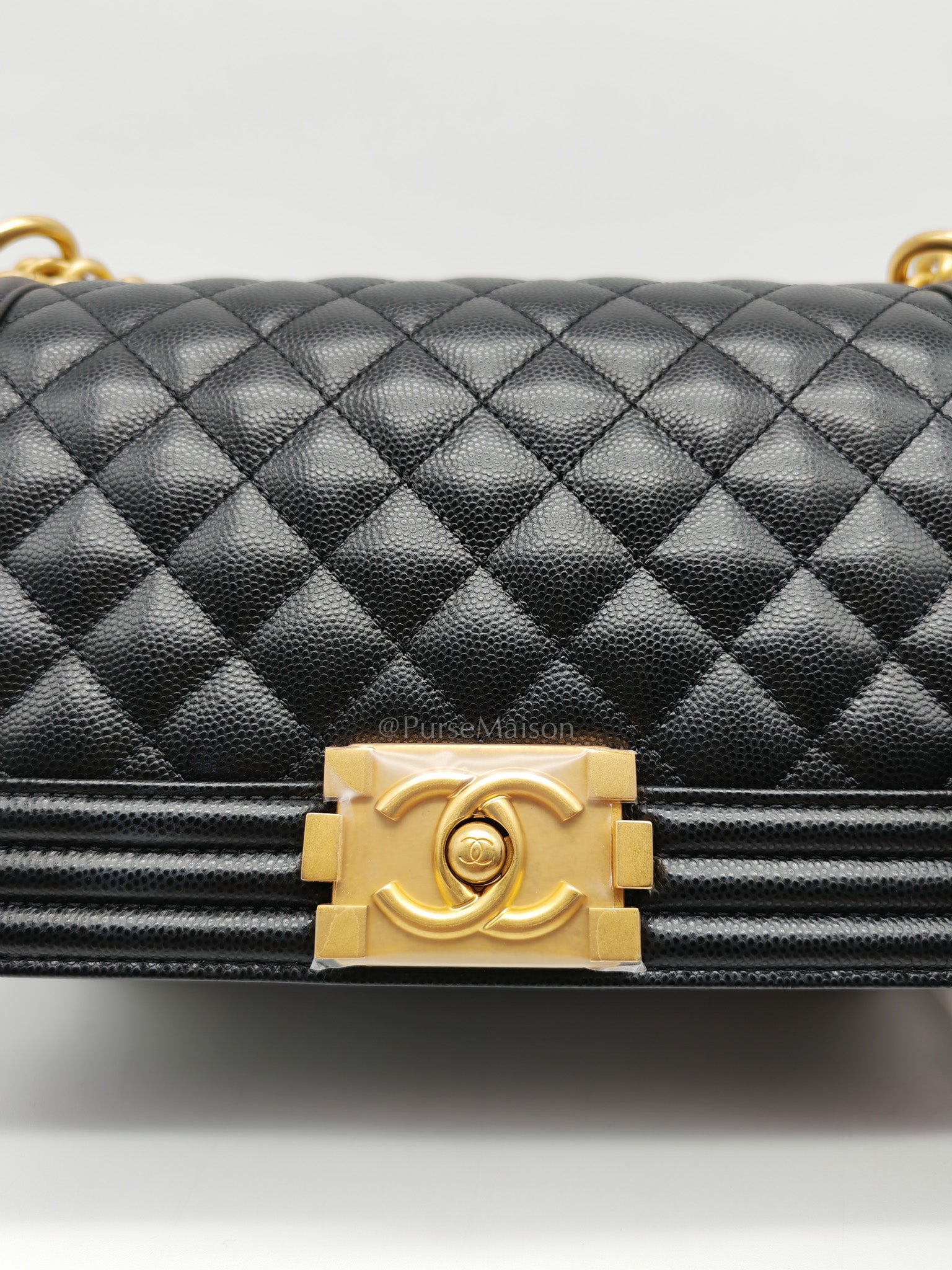 Chanel Boy Old Medium in Black Quilted Caviar Leather and Aged Gold Hardware Microchip | Purse Maison Luxury Bags Shop