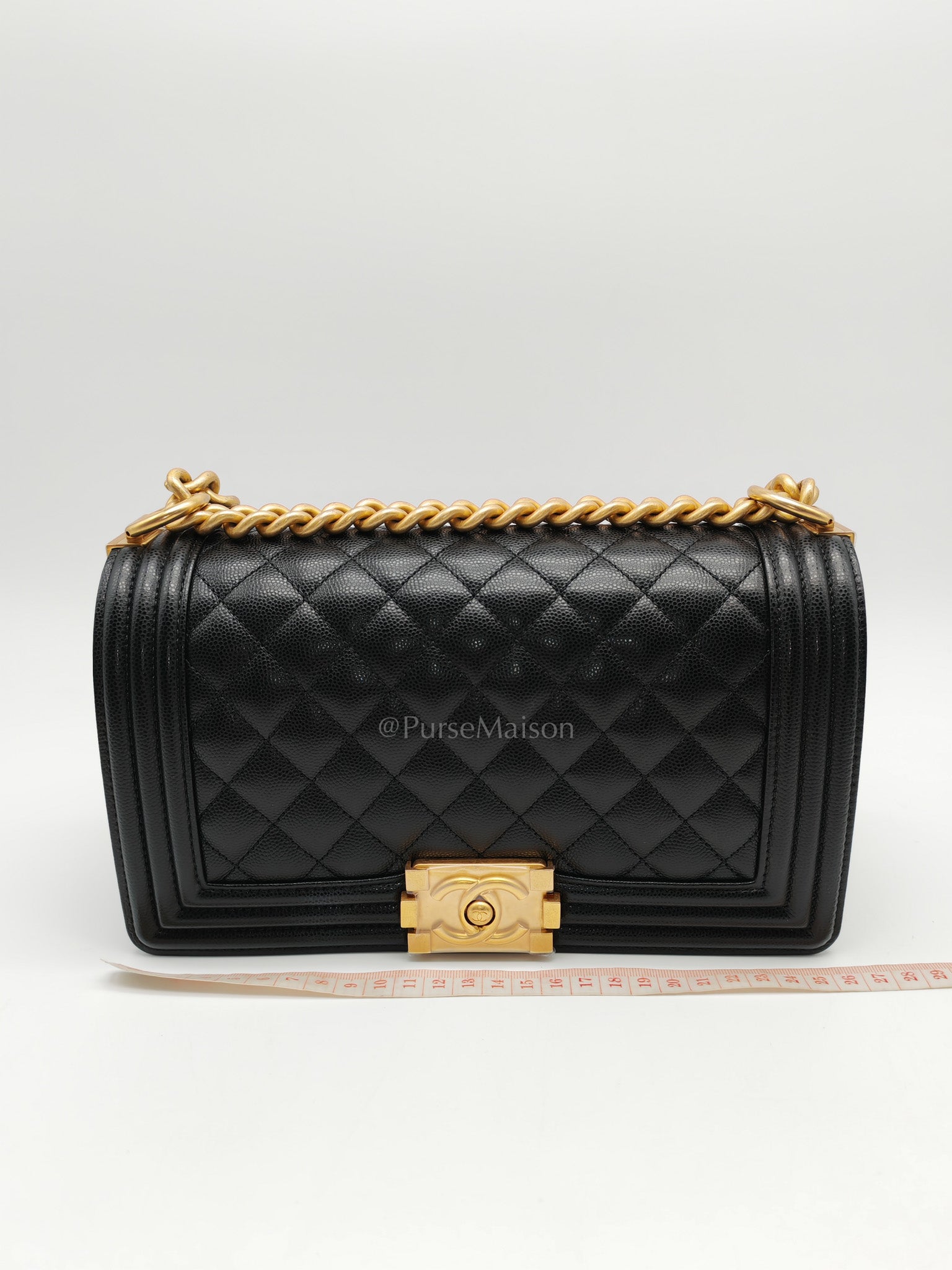 Chanel Boy Old Medium in Black Quilted Caviar Leather and Aged Gold Hardware Microchip | Purse Maison Luxury Bags Shop