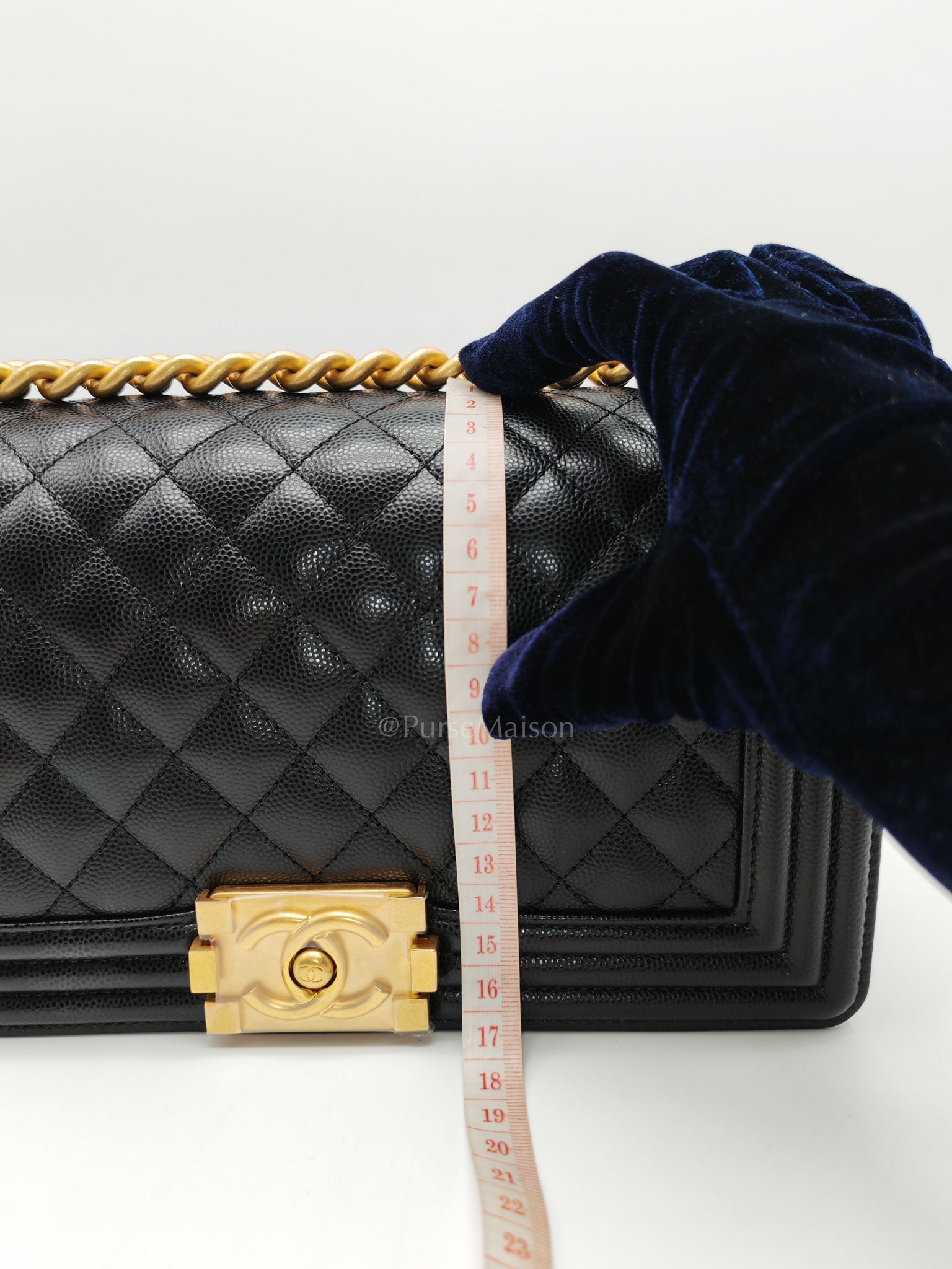 Chanel Boy Old Medium in Black Quilted Caviar Leather and Aged Gold Hardware Microchip | Purse Maison Luxury Bags Shop