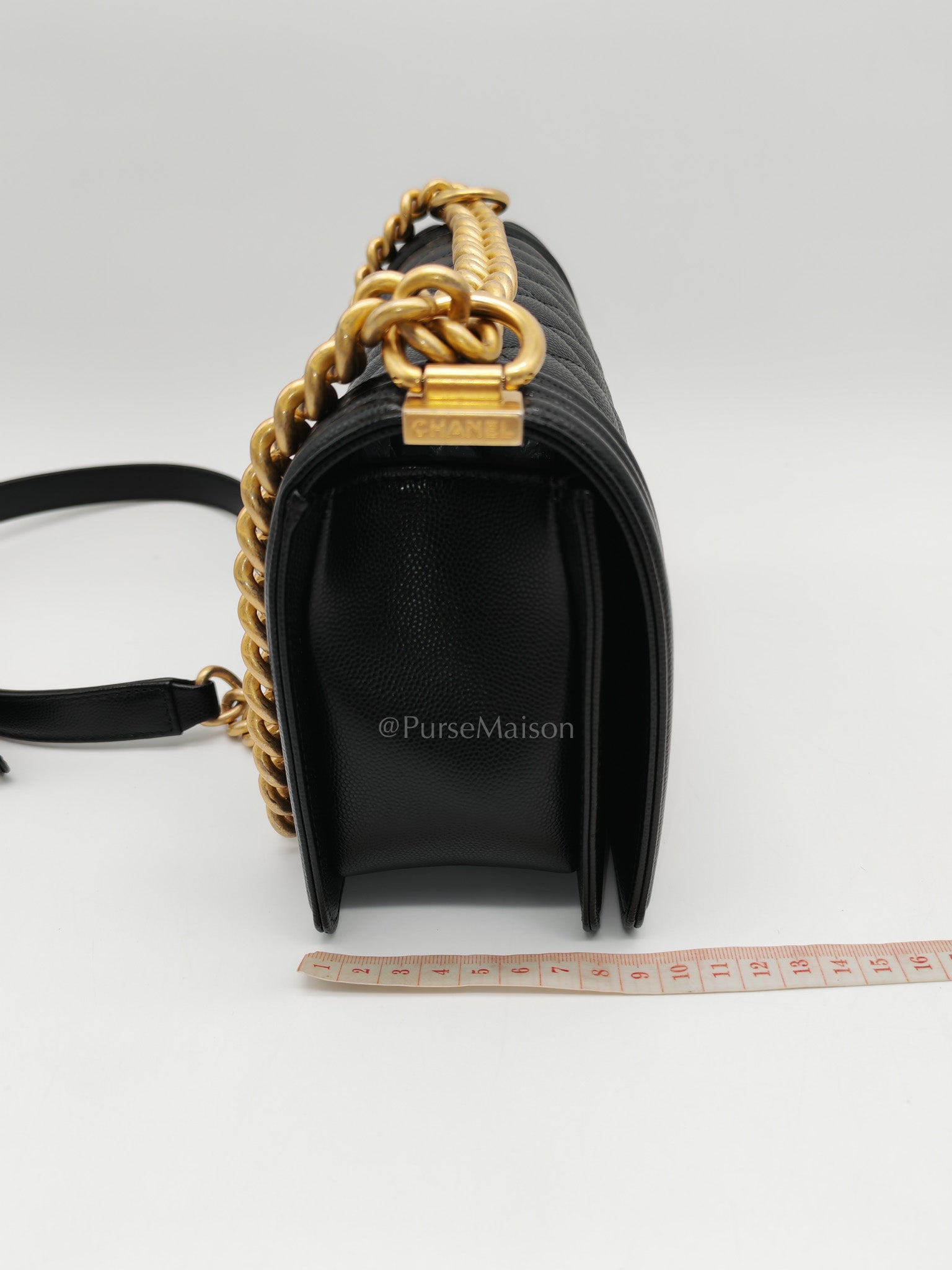 Chanel Boy Old Medium in Black Quilted Caviar Leather and Aged Gold Hardware Microchip | Purse Maison Luxury Bags Shop