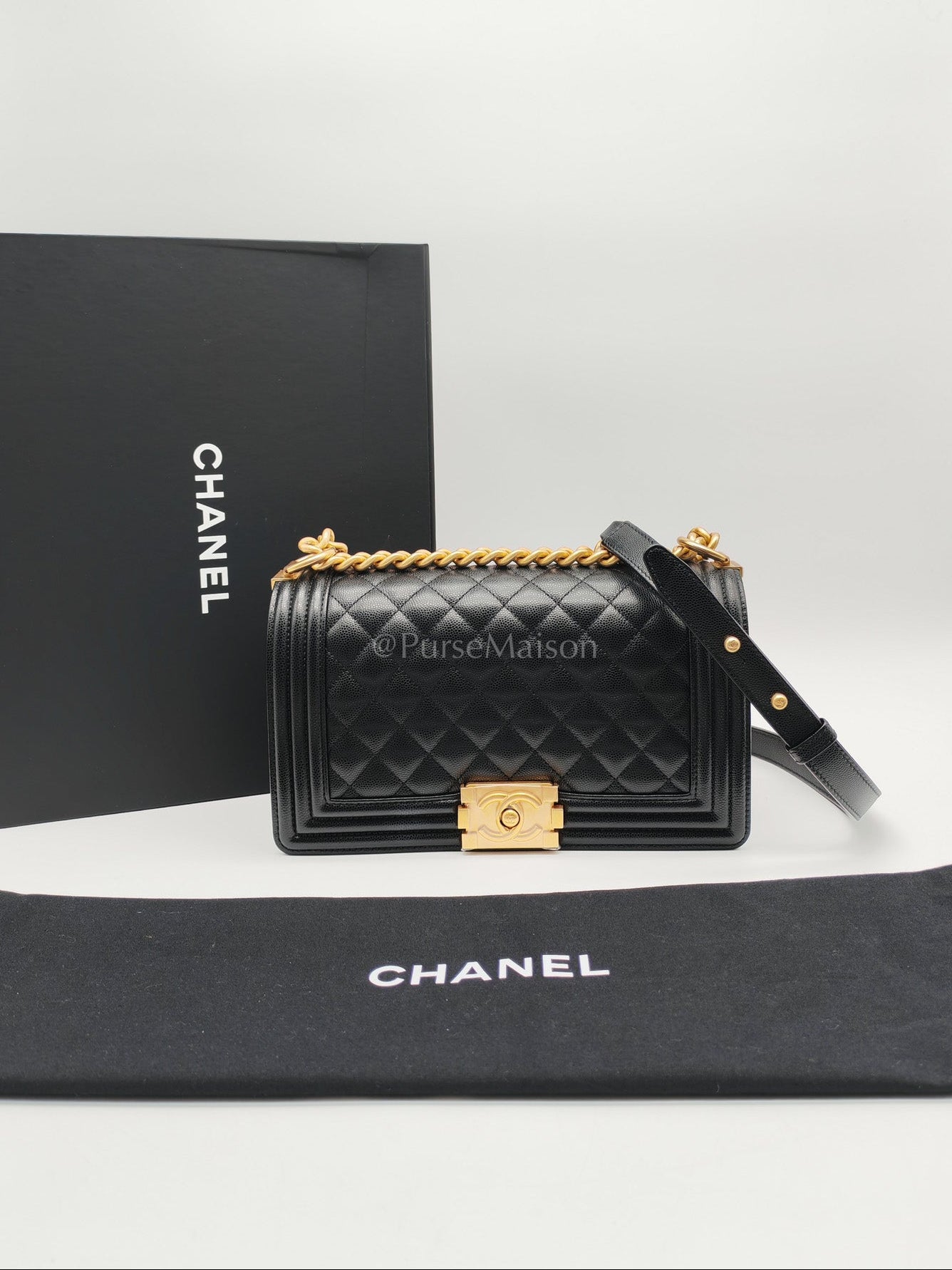 Chanel Boy Old Medium in Black Quilted Caviar Leather and Aged Gold Hardware Microchip | Purse Maison Luxury Bags Shop