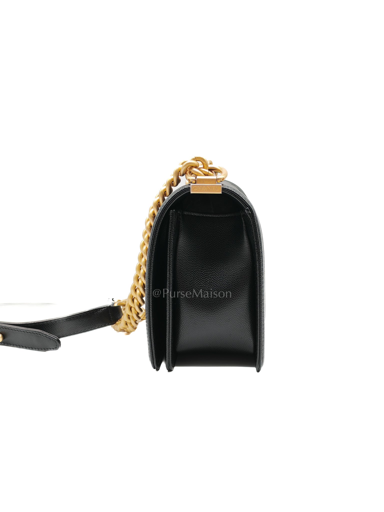 Chanel Boy Old Medium in Black Quilted Caviar Leather and Aged Gold Hardware Microchip | Purse Maison Luxury Bags Shop