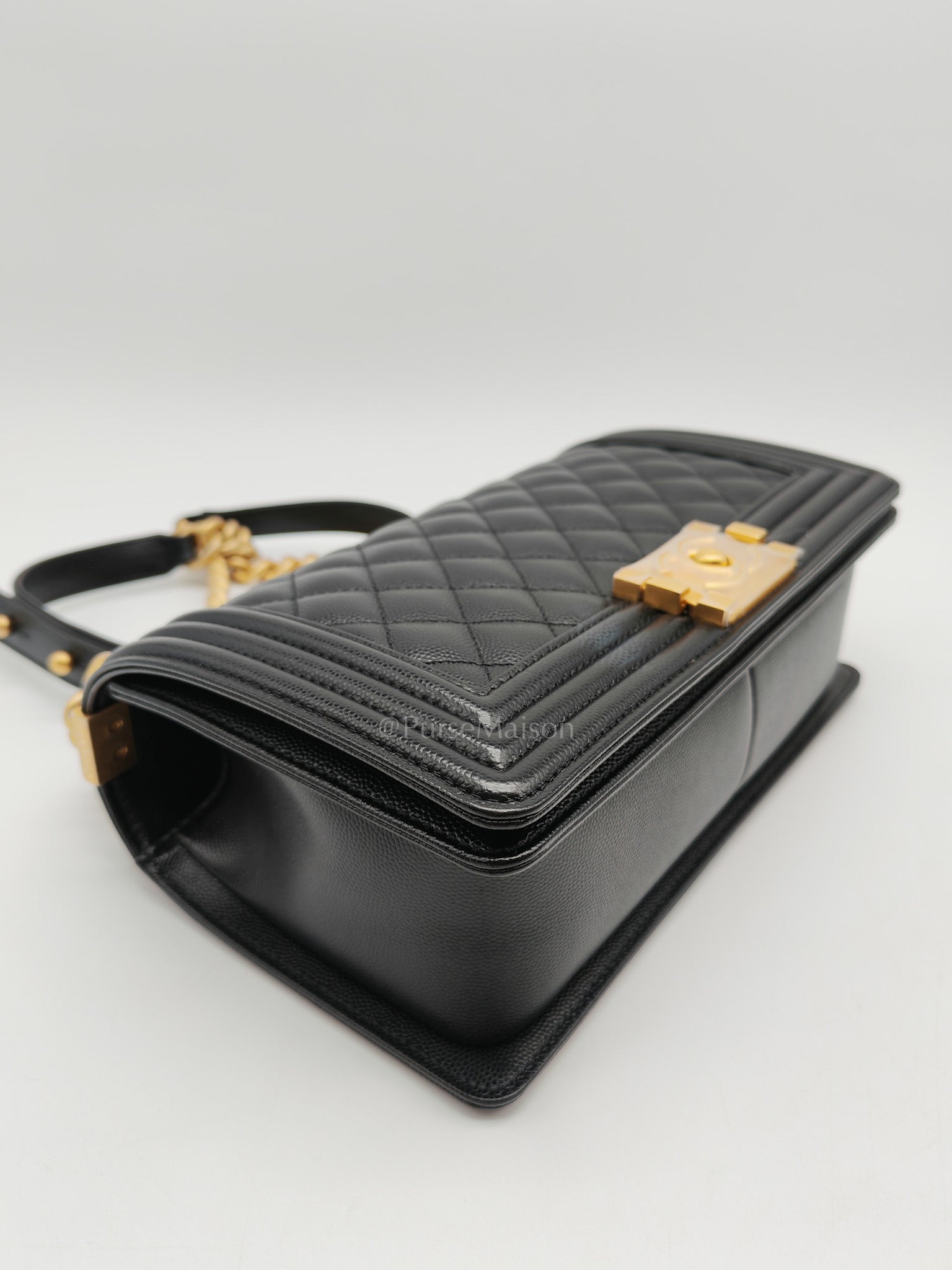 Chanel Boy Old Medium in Black Quilted Caviar Leather and Aged Gold Hardware Microchip | Purse Maison Luxury Bags Shop