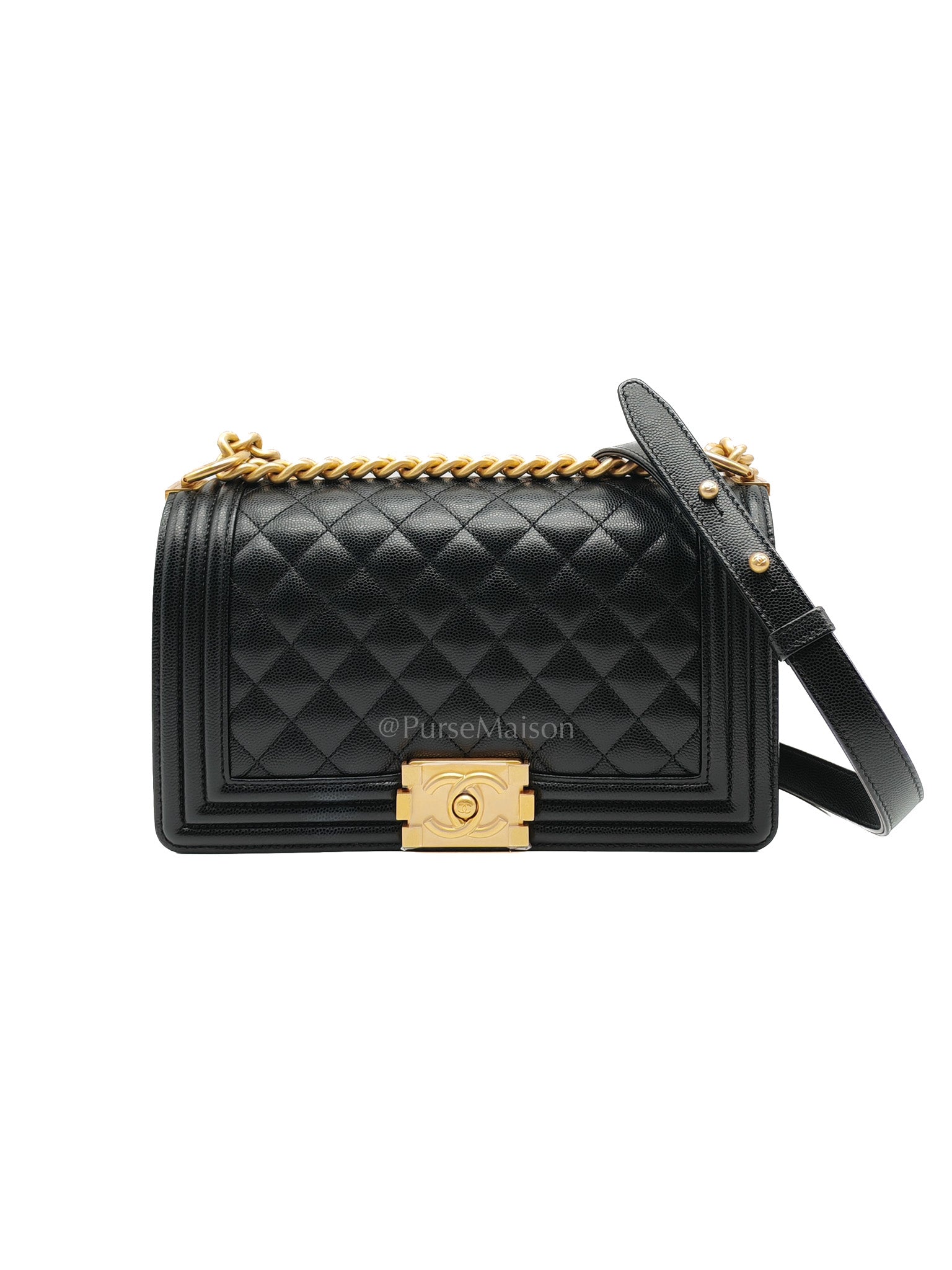 Chanel Boy Old Medium in Black Quilted Caviar Leather and Aged Gold Hardware Microchip | Purse Maison Luxury Bags Shop