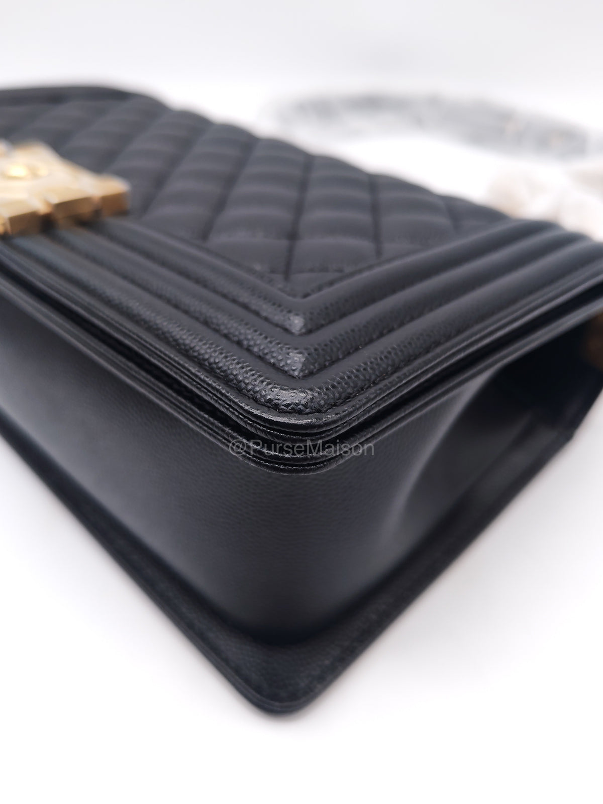 Chanel Boy Old Medium in Black Quilted Caviar Leather and Aged Gold Hardware Microchip (T0****HG) | Purse Maison Luxury Bags Shop