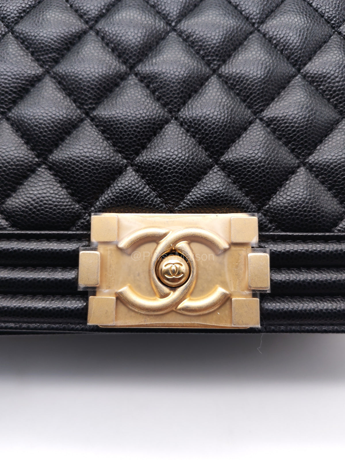 Chanel Boy Old Medium in Black Quilted Caviar Leather and Aged Gold Hardware Microchip (T0****HG) | Purse Maison Luxury Bags Shop