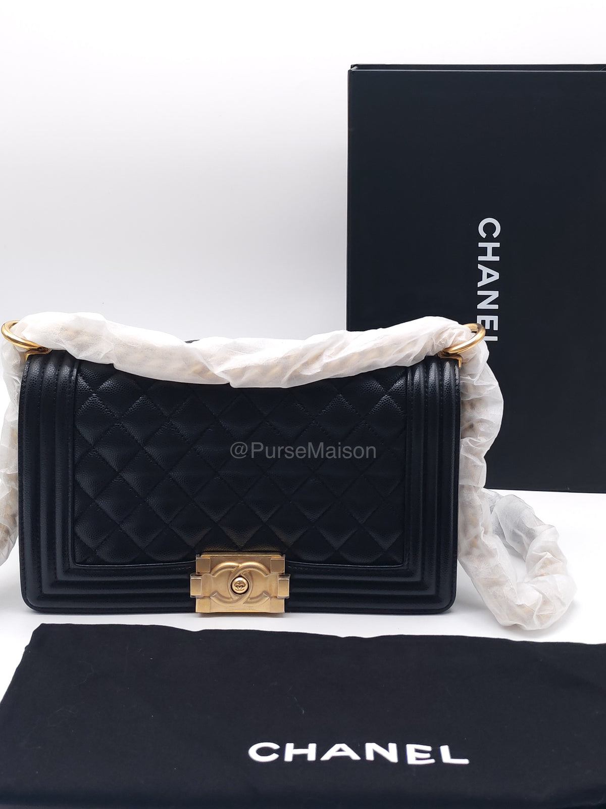 Chanel Boy Old Medium in Black Quilted Caviar Leather and Aged Gold Hardware Microchip (T0****HG) | Purse Maison Luxury Bags Shop