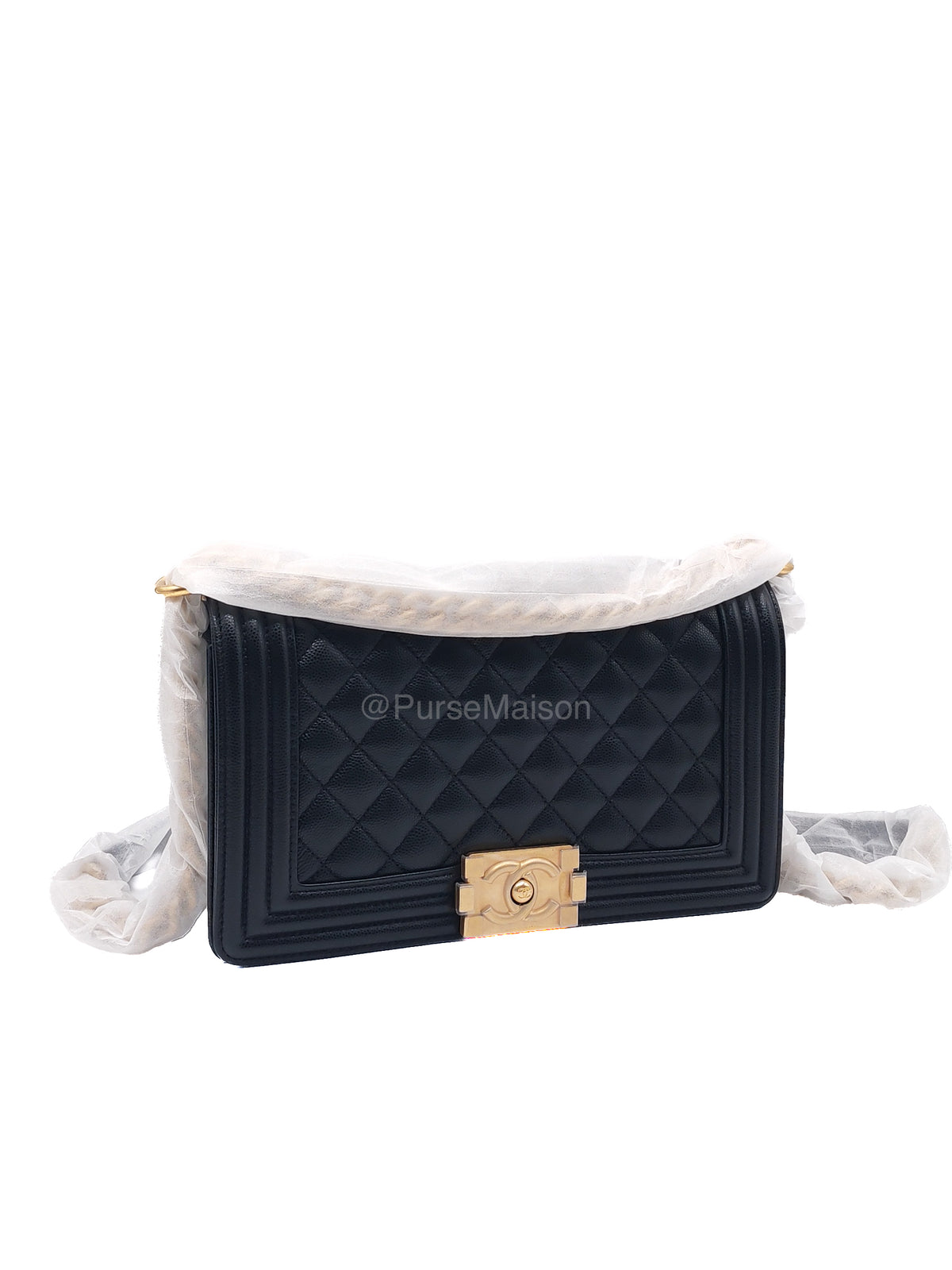 Chanel Boy Old Medium in Black Quilted Caviar Leather and Aged Gold Hardware Microchip (T0****HG) | Purse Maison Luxury Bags Shop