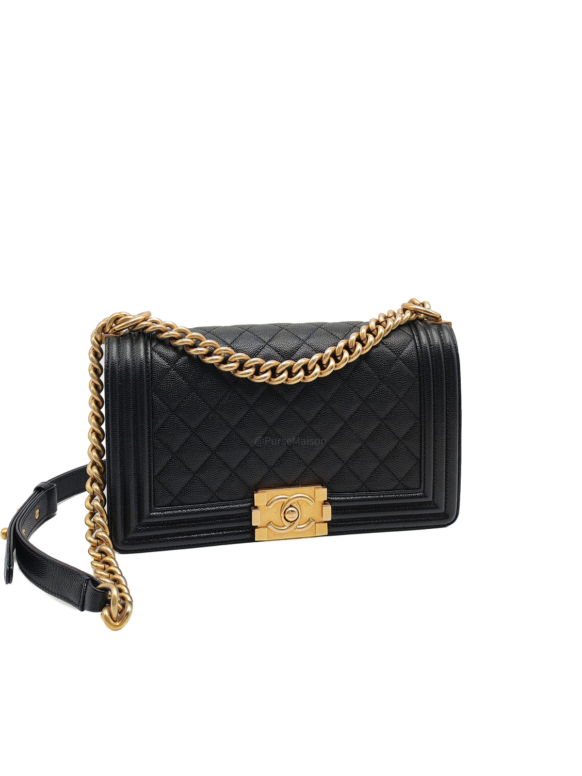 Chanel Boy Old Medium in Black Quilted Caviar Leather and Aged Gold Hardware Series 28 | Purse Maison Luxury Bags Shop