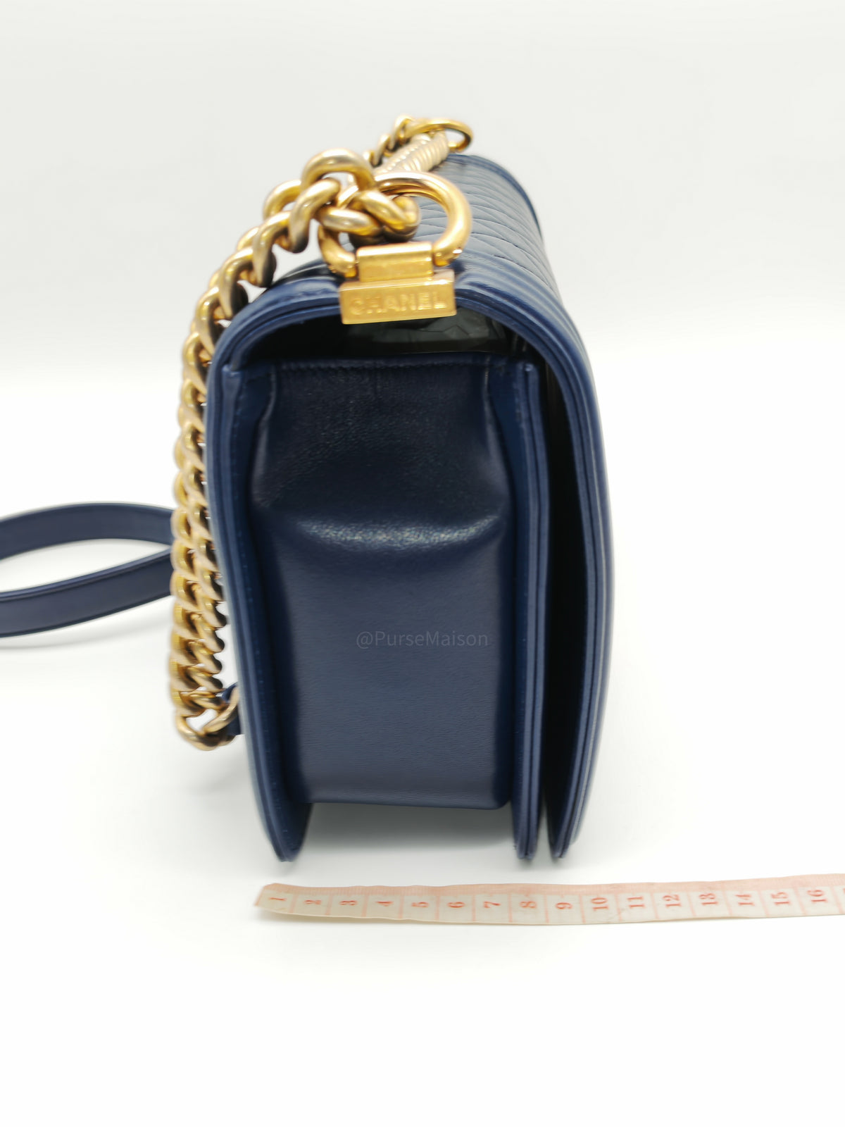 Chanel Boy Old Medium in Blue Quilted Lambskin Leather and Aged Gold Hardware Series 21 | Purse Maison Luxury Bags Shop