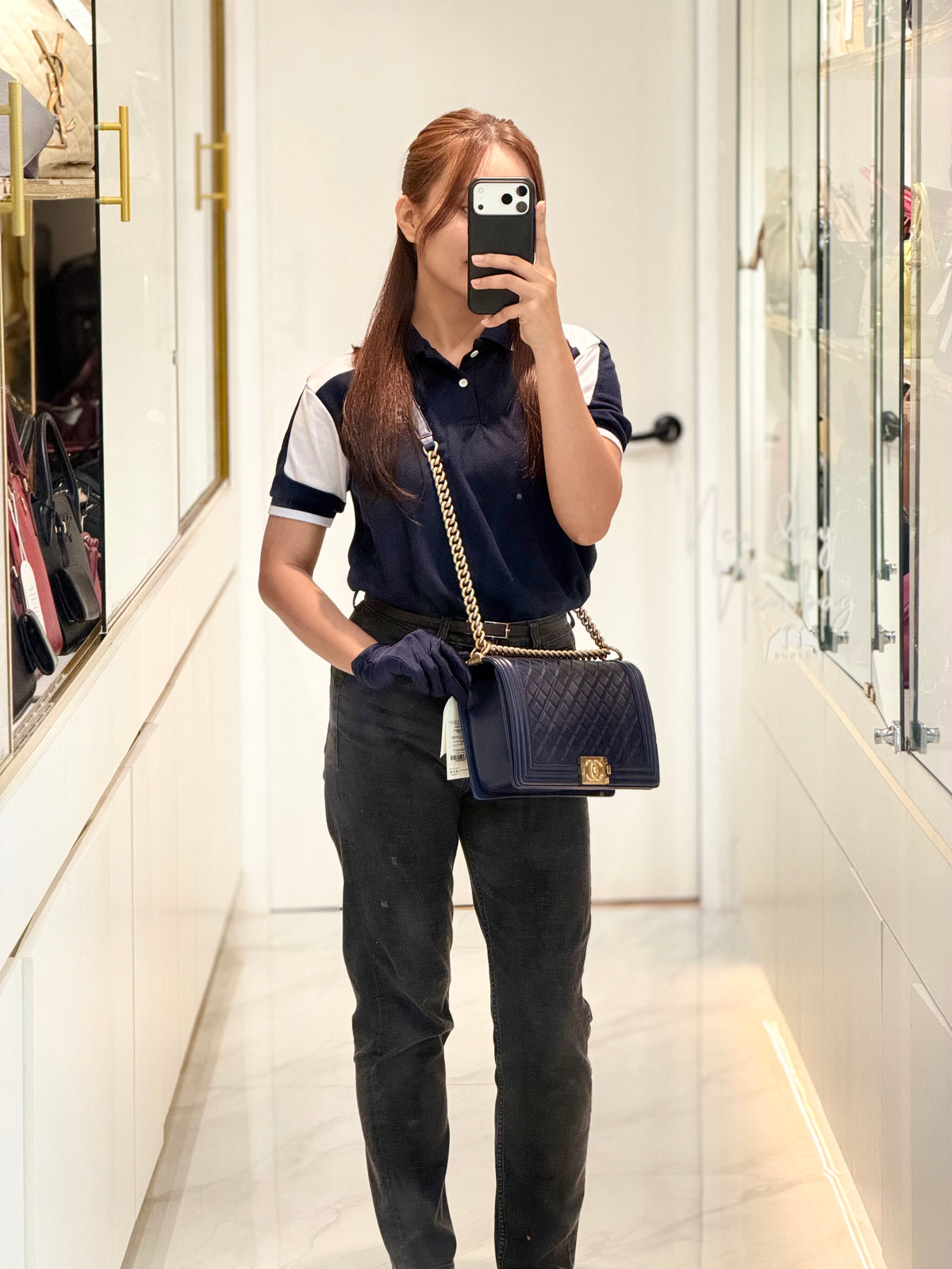 Chanel Boy Old Medium in Blue Quilted Lambskin Leather and Aged Gold Hardware Series 21 | Purse Maison Luxury Bags Shop