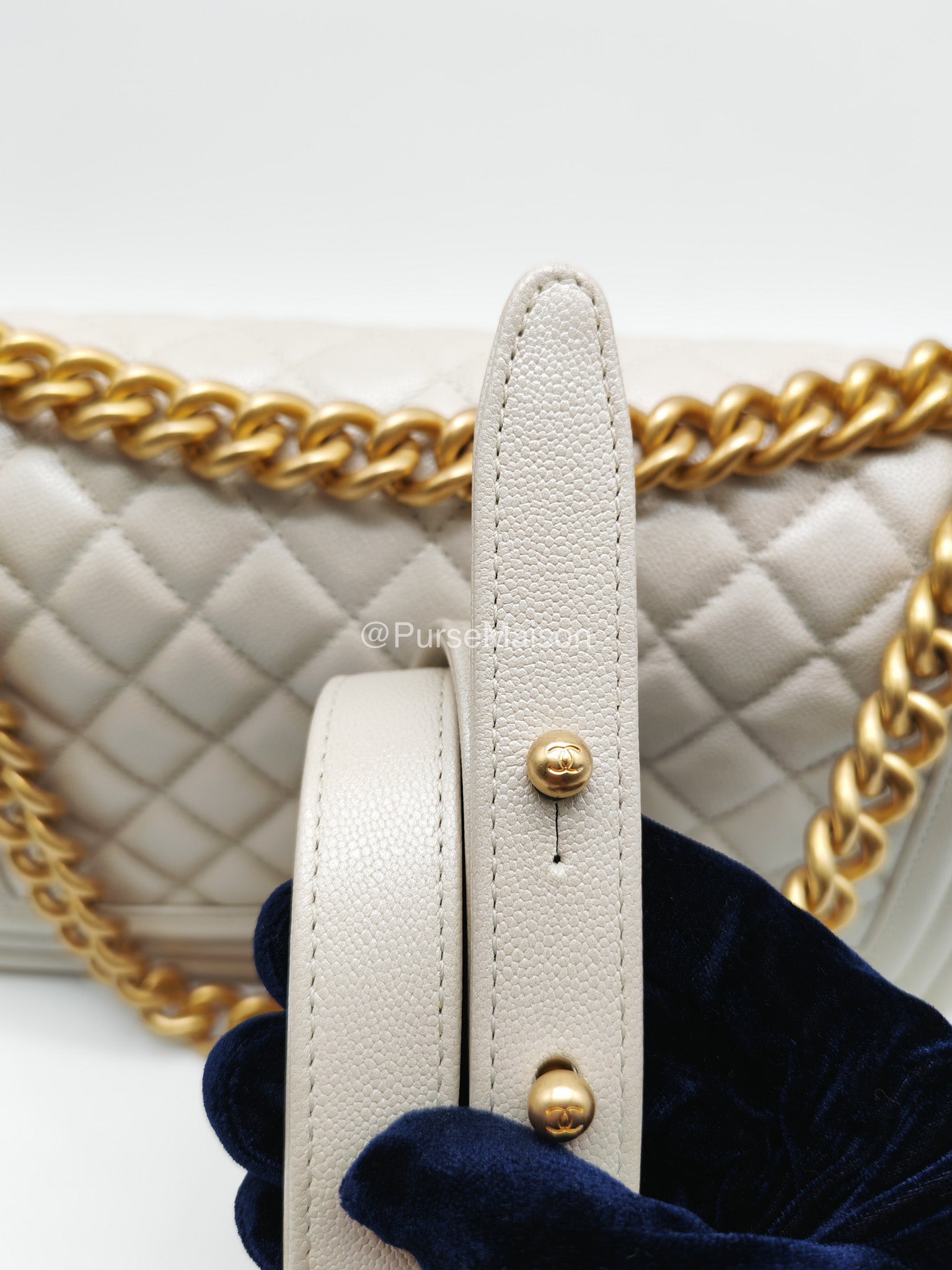 Chanel Boy Old Medium in Off-White Iridescent Quilted Caviar Leather and Aged Gold Hardware (Microchip) | Purse Maison Luxury Bags Shop