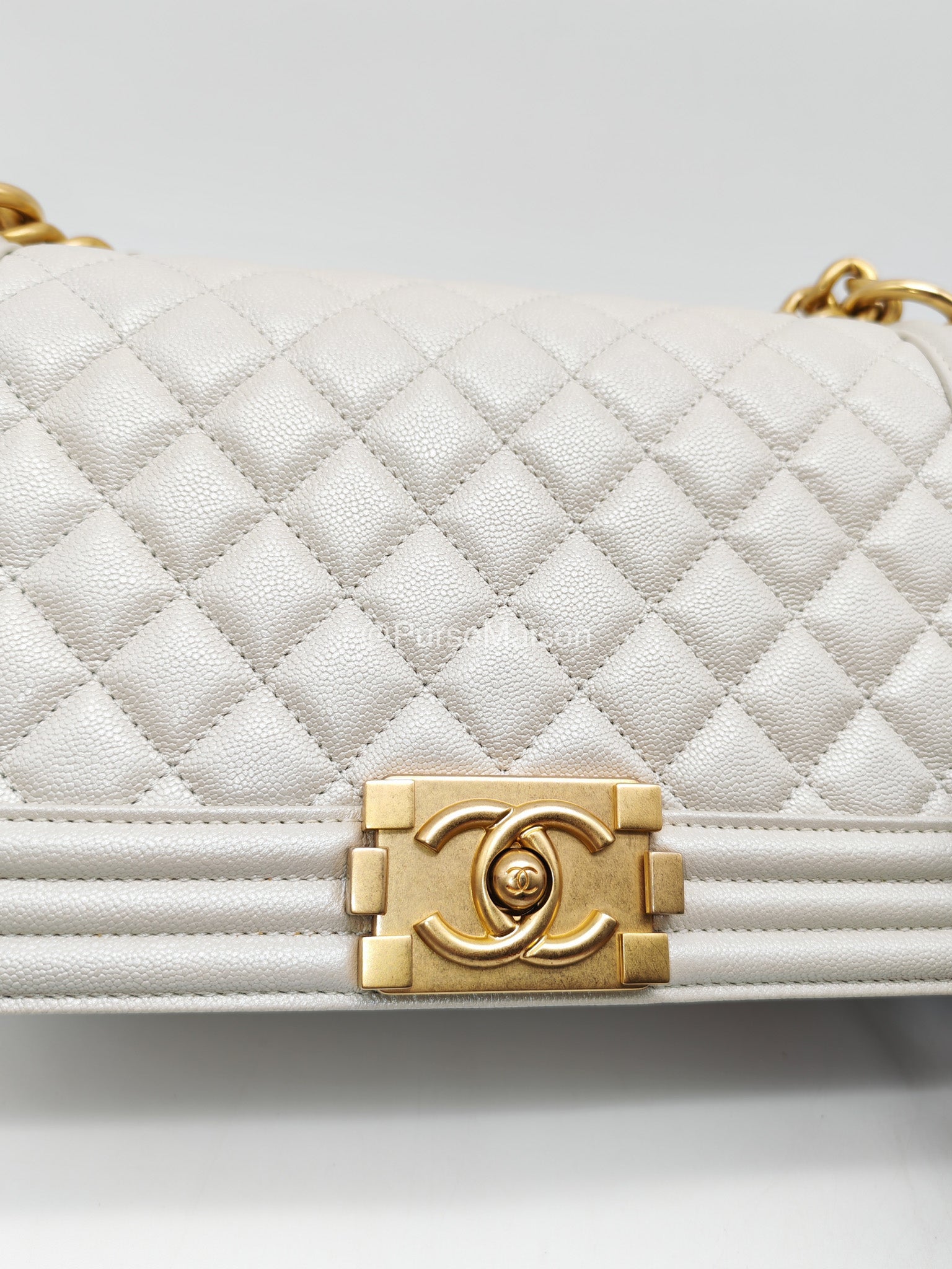 Chanel Boy Old Medium in Off-White Iridescent Quilted Caviar Leather and Aged Gold Hardware (Microchip) | Purse Maison Luxury Bags Shop