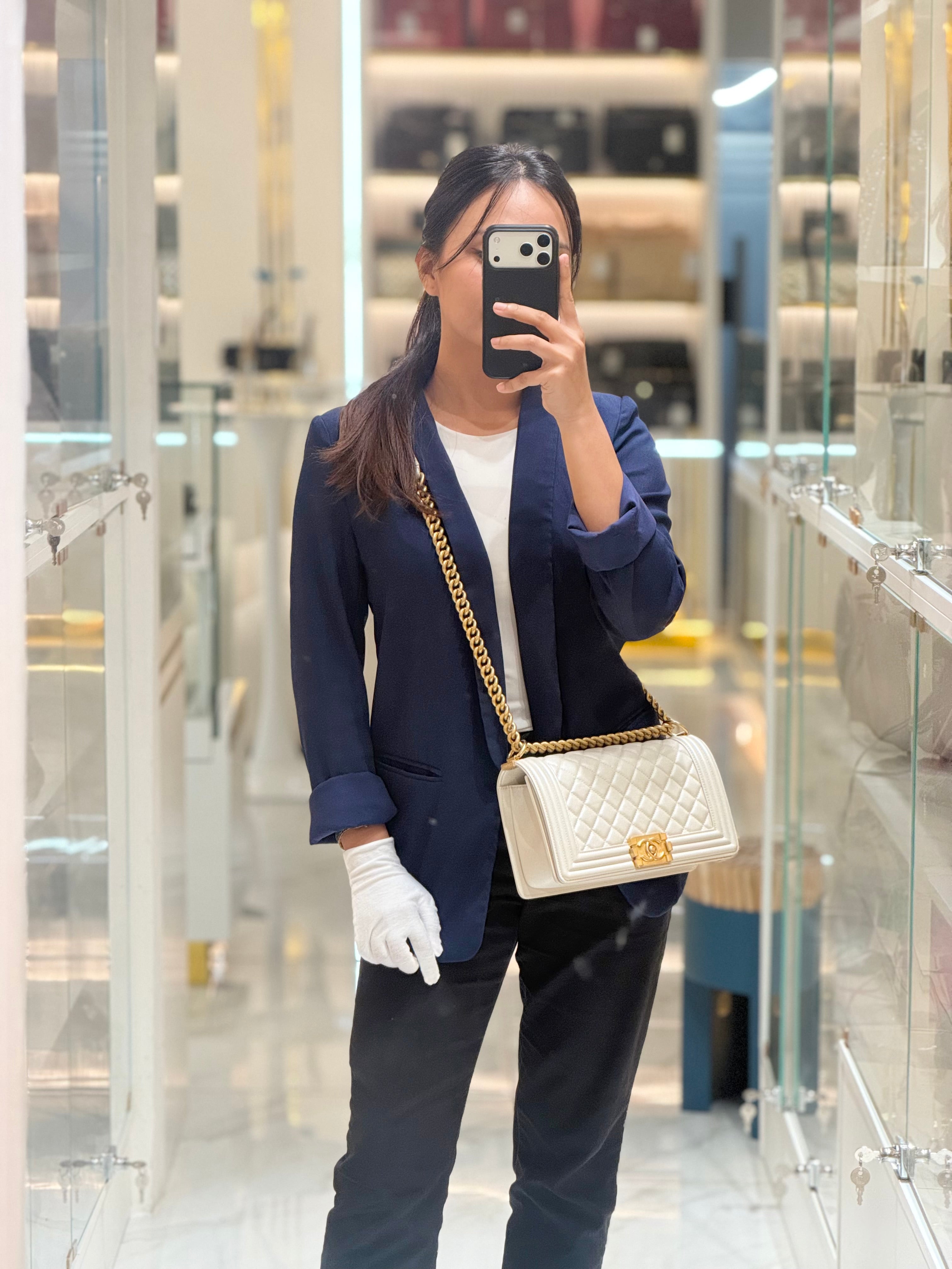 Chanel Boy Old Medium in Off-White Iridescent Quilted Caviar Leather and Aged Gold Hardware (Microchip) | Purse Maison Luxury Bags Shop