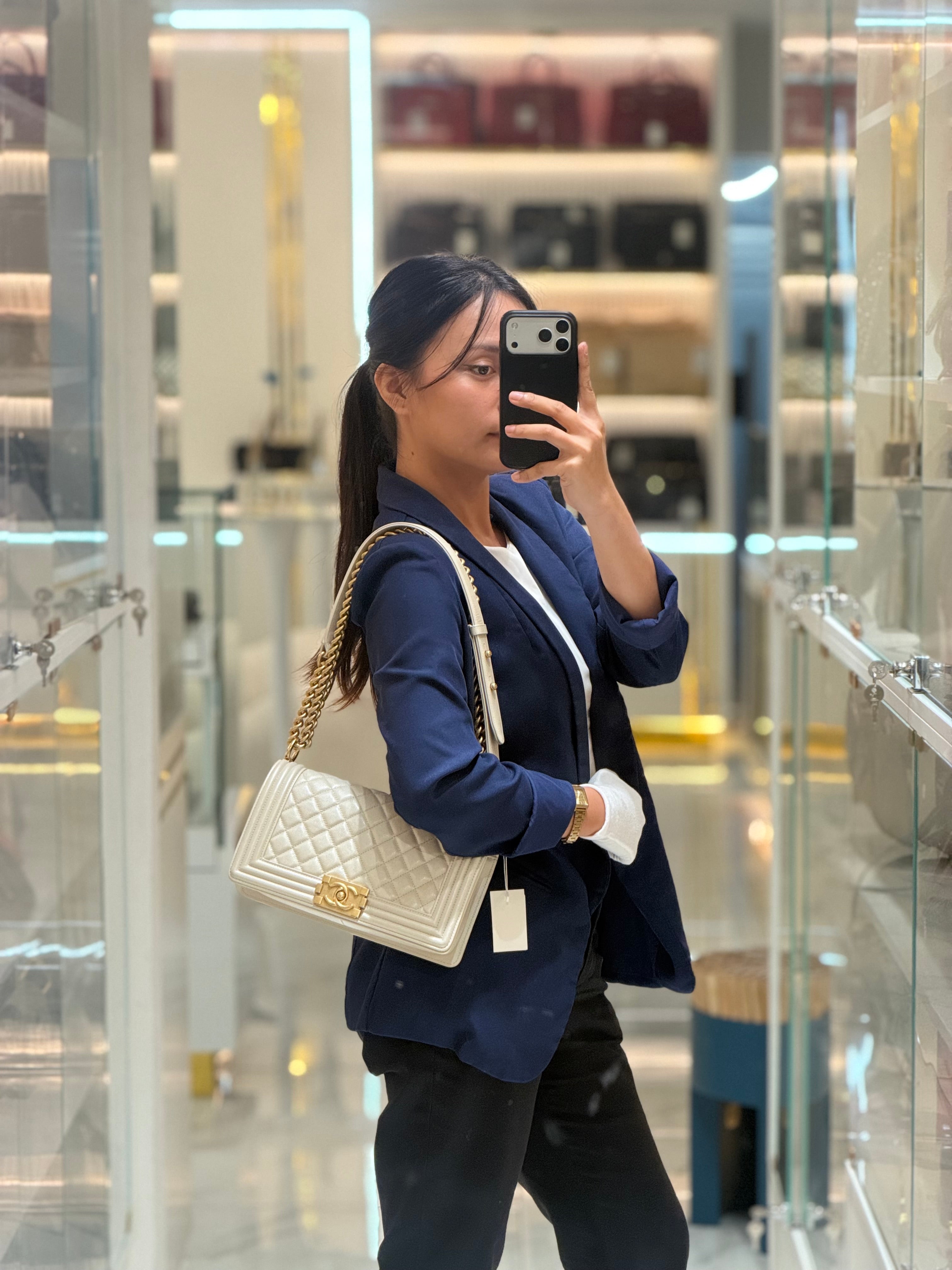 Chanel Boy Old Medium in Off-White Iridescent Quilted Caviar Leather and Aged Gold Hardware (Microchip) | Purse Maison Luxury Bags Shop