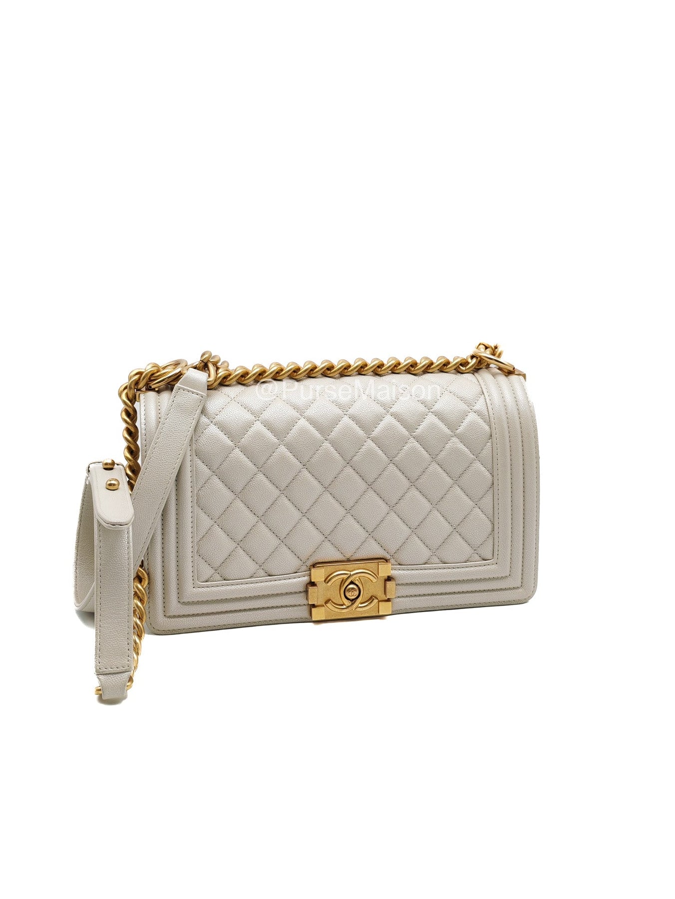 Chanel Boy Old Medium in Off-White Iridescent Quilted Caviar Leather and Aged Gold Hardware (Microchip) | Purse Maison Luxury Bags Shop