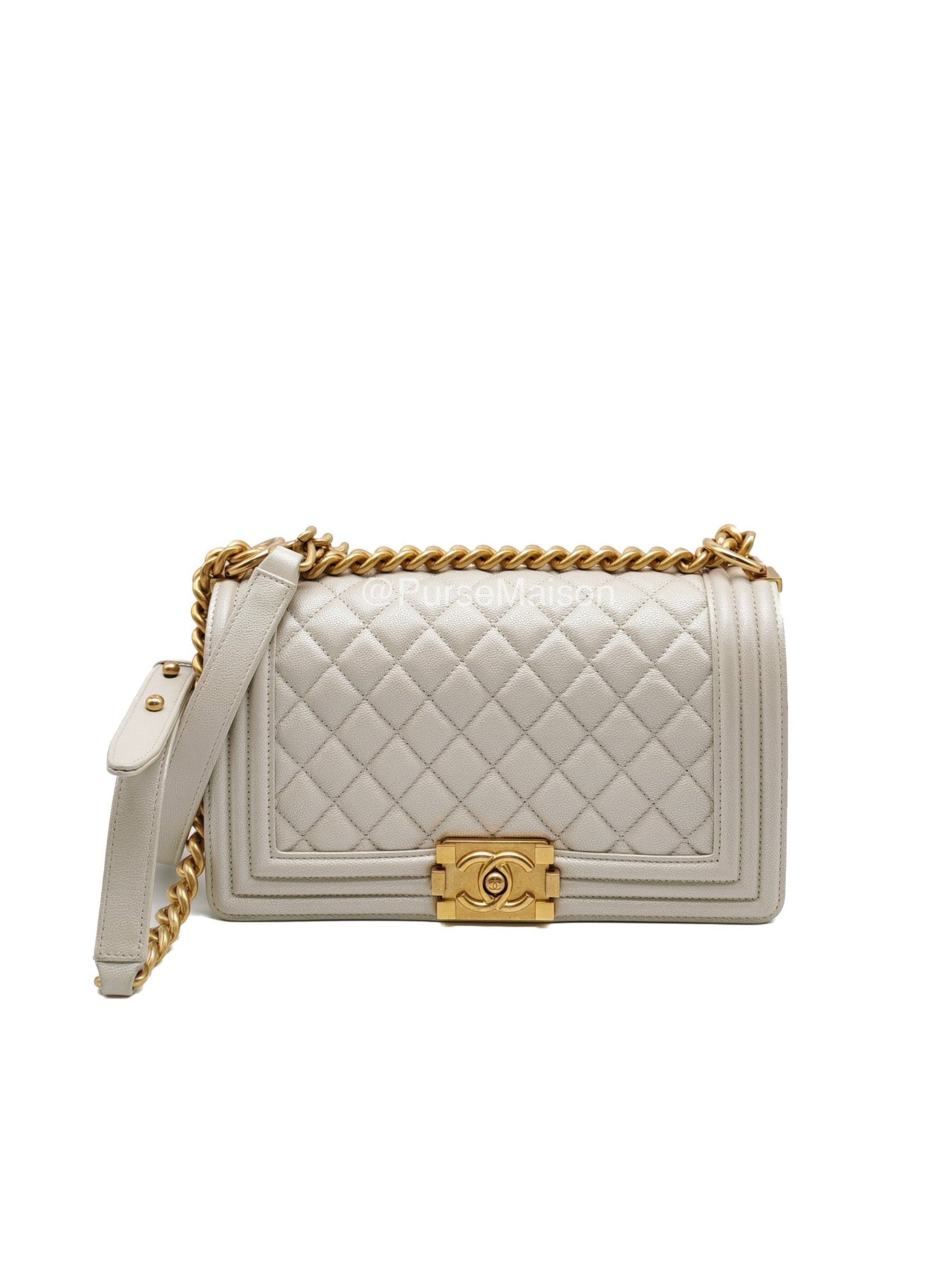 Chanel Boy Old Medium in Off-White Iridescent Quilted Caviar Leather and Aged Gold Hardware (Microchip) | Purse Maison Luxury Bags Shop