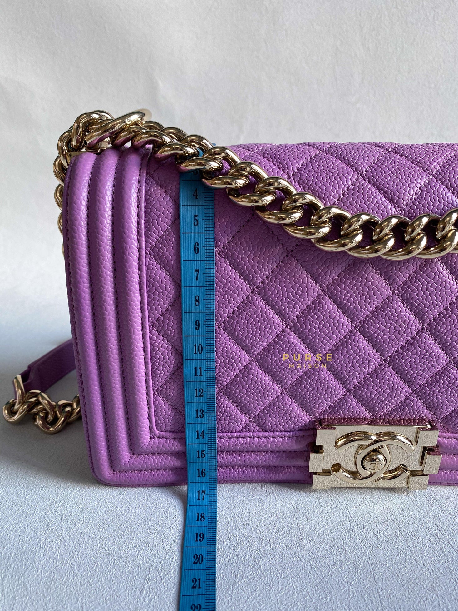 Chanel Boy Old Medium in Purple Caviar Leather and Light Gold Hardware (Series 29) | Purse Maison Luxury Bags Shop
